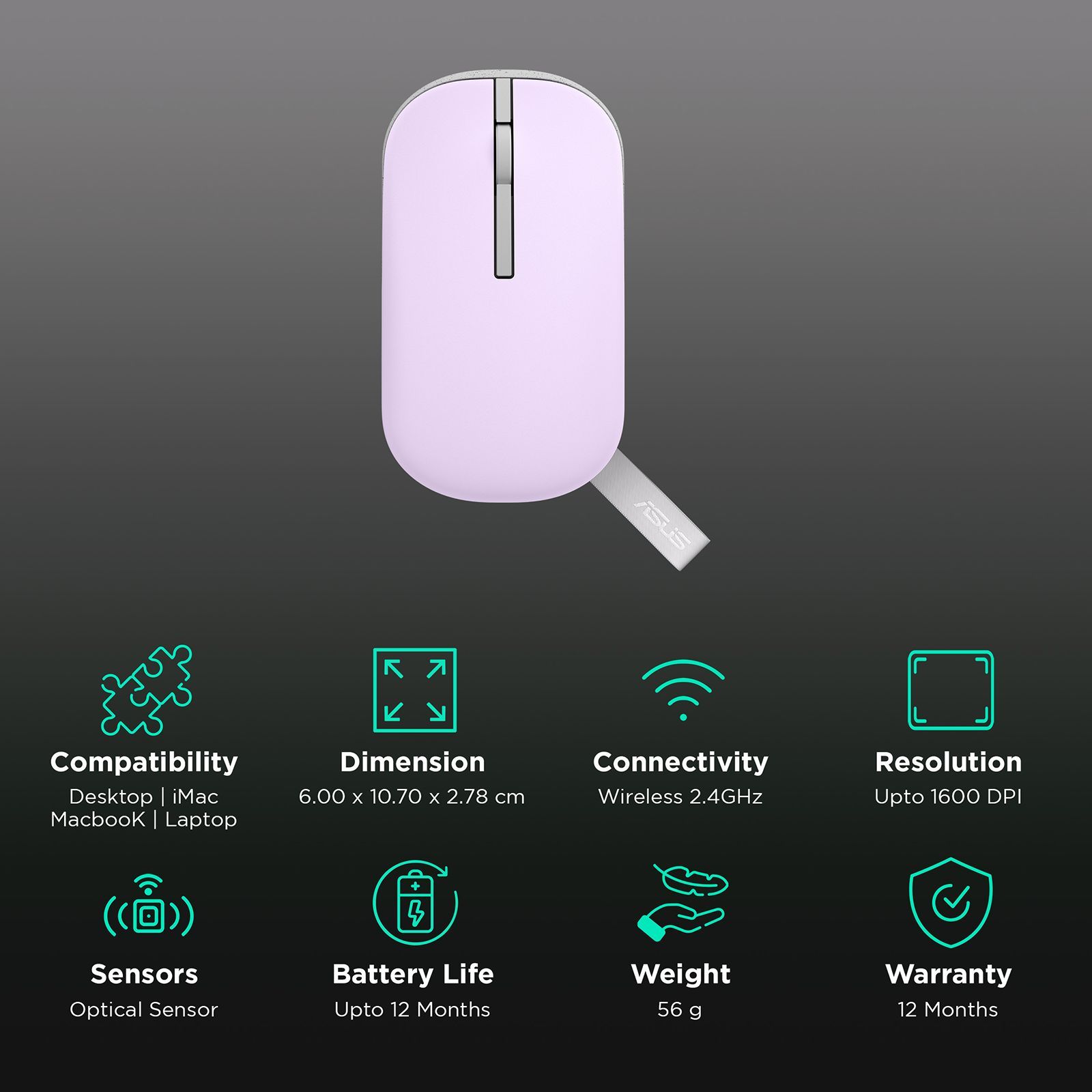 ASUS Marshmallow MD100 Bluetooth 5.0 Wireless Optical Mouse with Quiet Click Buttons (1600 DPI Adjustable, Battery Saving Technology, Mist Purple)_2