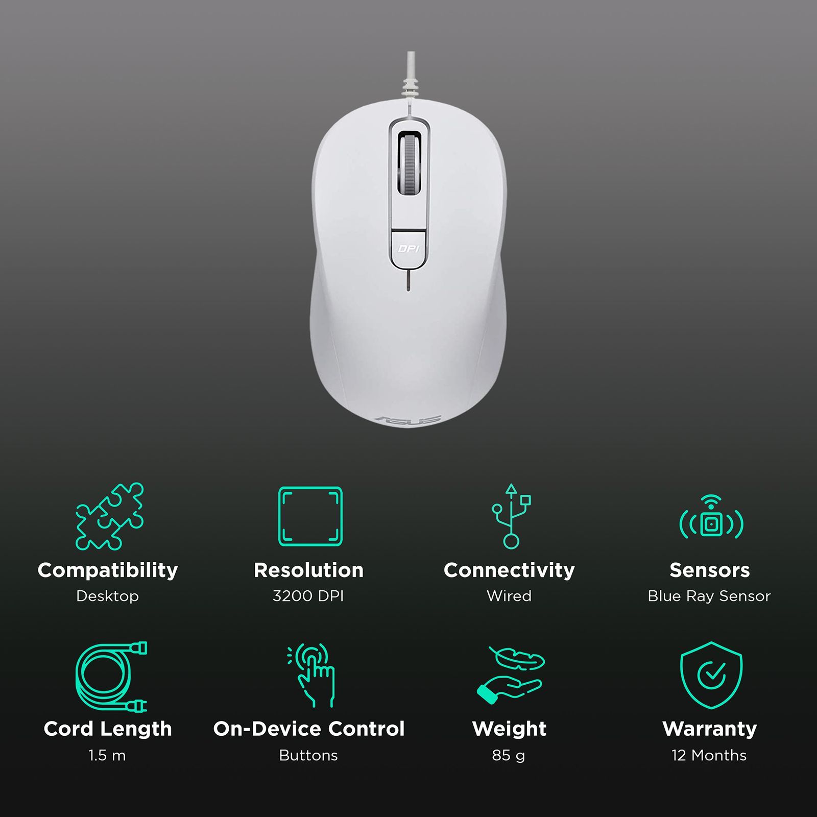 ASUS MU101C Blue Ray Wired Mouse with Silent Click (3200 dpi Adjustable, White)_2