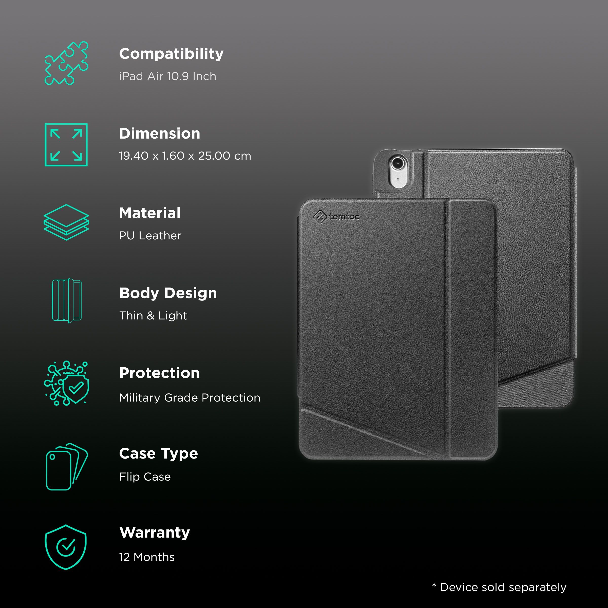 tomtoc Inspire B02 Hard Polyurethane Leather Flip Case for Apple iPad Air 10.9 Inch (Military Grade Protection, Black)_2