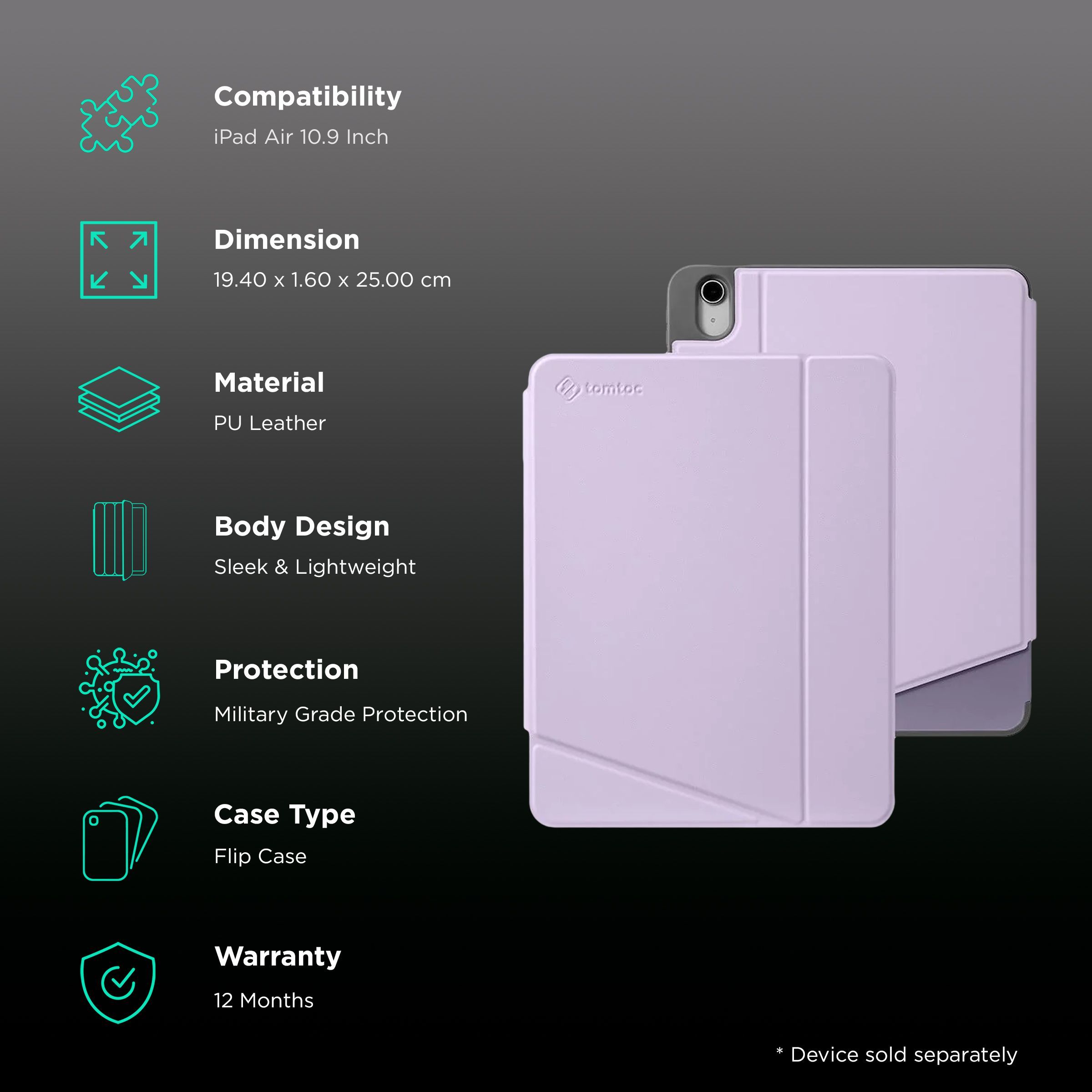 tomtoc Inspire B02 Hard Polyurethane Leather Flip Case for Apple iPad Air 10.9 Inch (Military Grade Protection, Lavender)_2