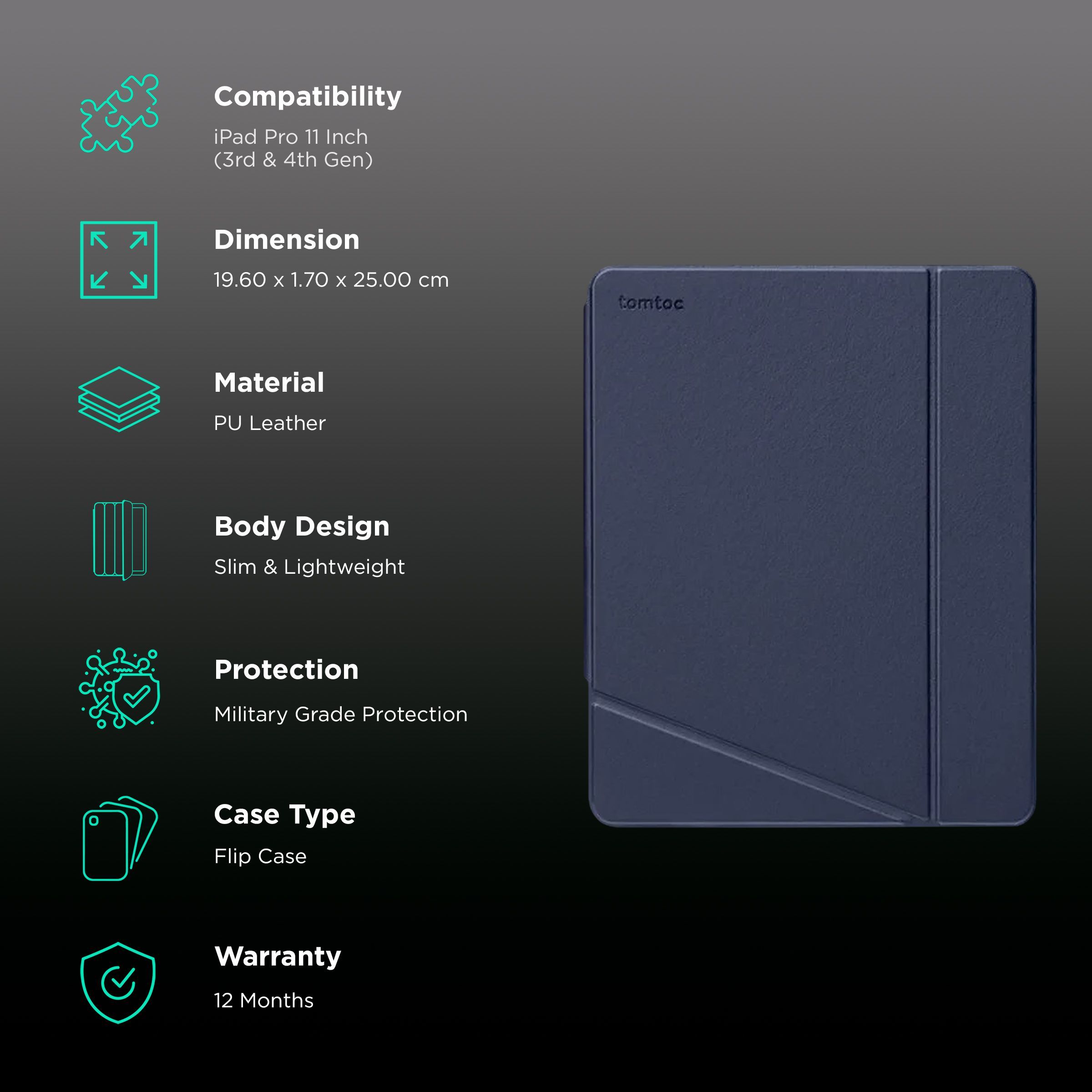 tomtoc Polyurethane Leather & TPU Flip Case for Apple iPad 11 Inch iPad Pencil Holder (3rd & 4th Gen) (Support Wireless Charging, Blue)_2