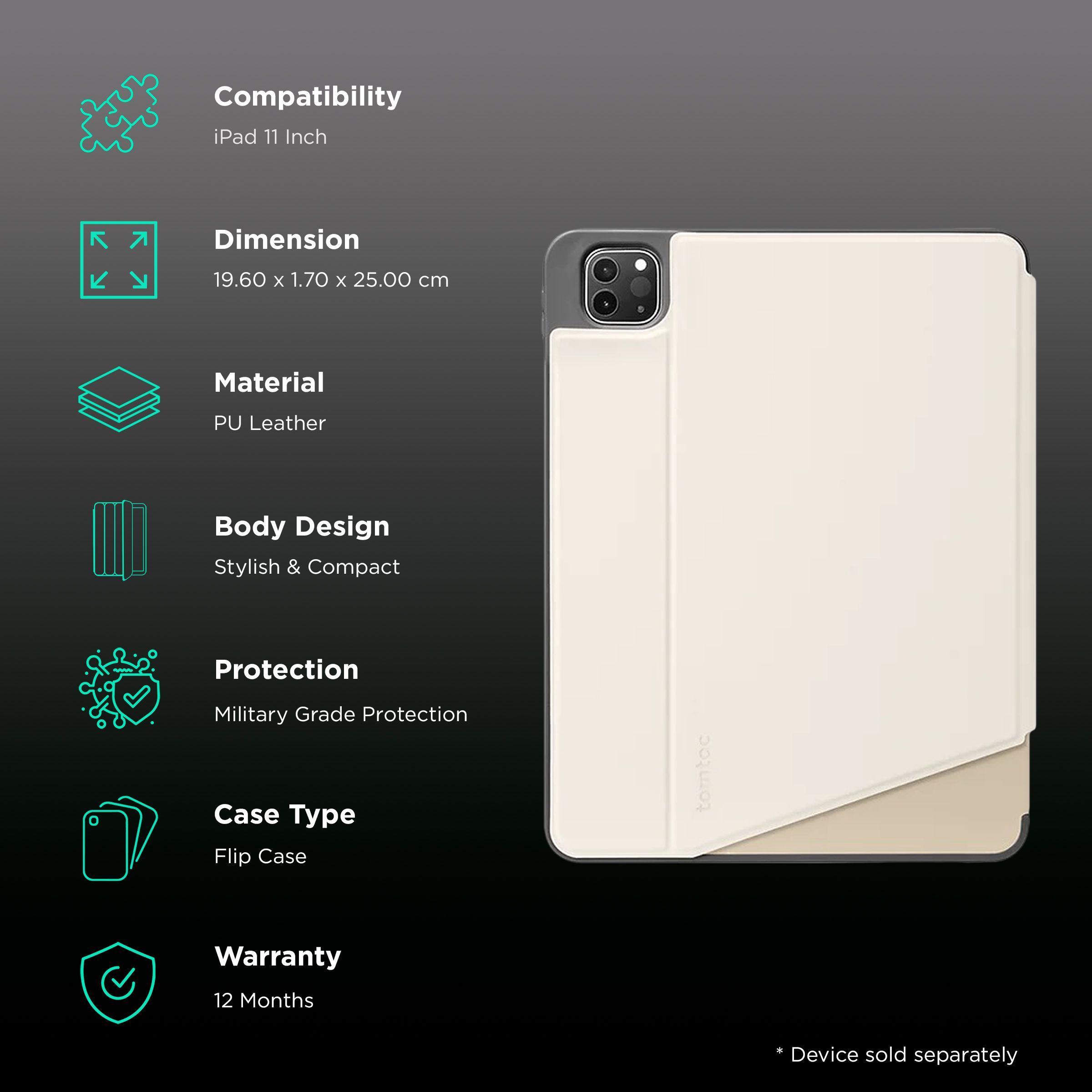 tomtoc Inspire B02 PU Leather Flip Case for Apple iPad 11 Inch (Military Grade Protection, Ivory White)_2