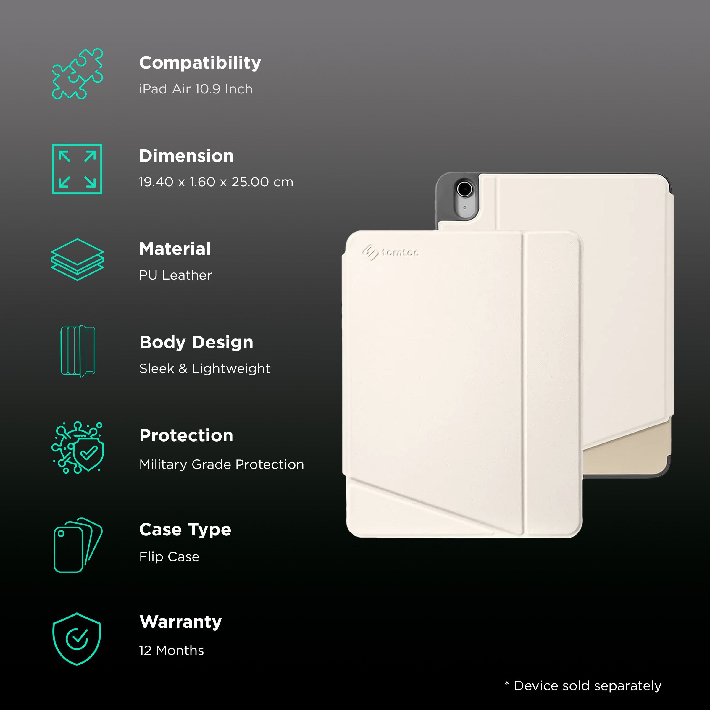 tomtoc Inspire B02 PU Leather Flip Case for Apple iPad Air 10.9 Inch (Military Grade Protection, Ivory White)_2