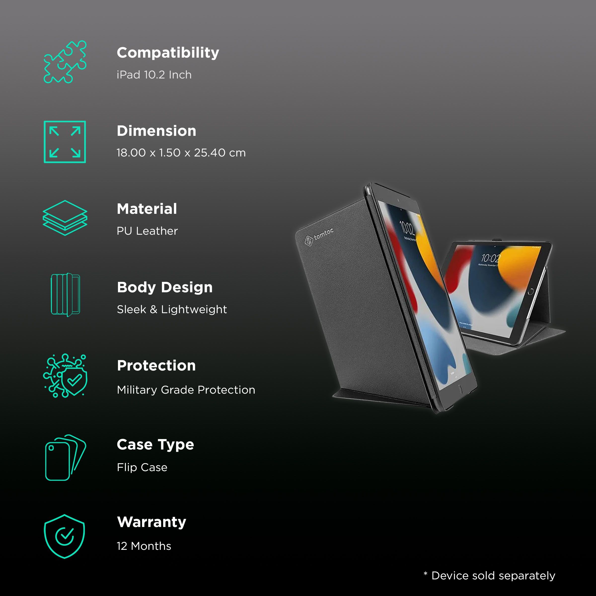 tomtoc Polyurethane & TPU Flip Case for Apple iPad 10.2 Inch (Scratch Resistant, Black)_2