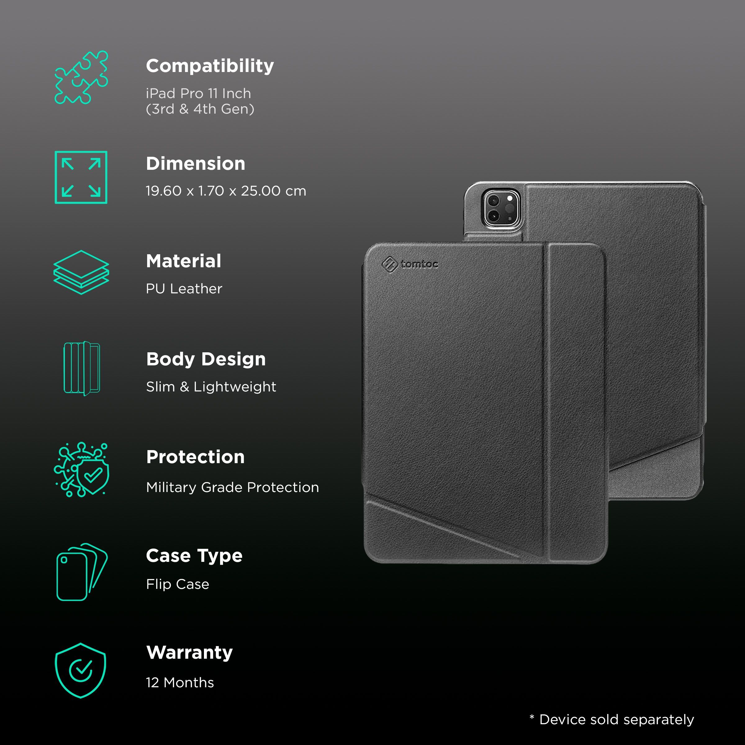 tomtoc Polyurethane Leather Flip Case for Apple iPad 11 Inch (Scratch Resistant, Black)_2