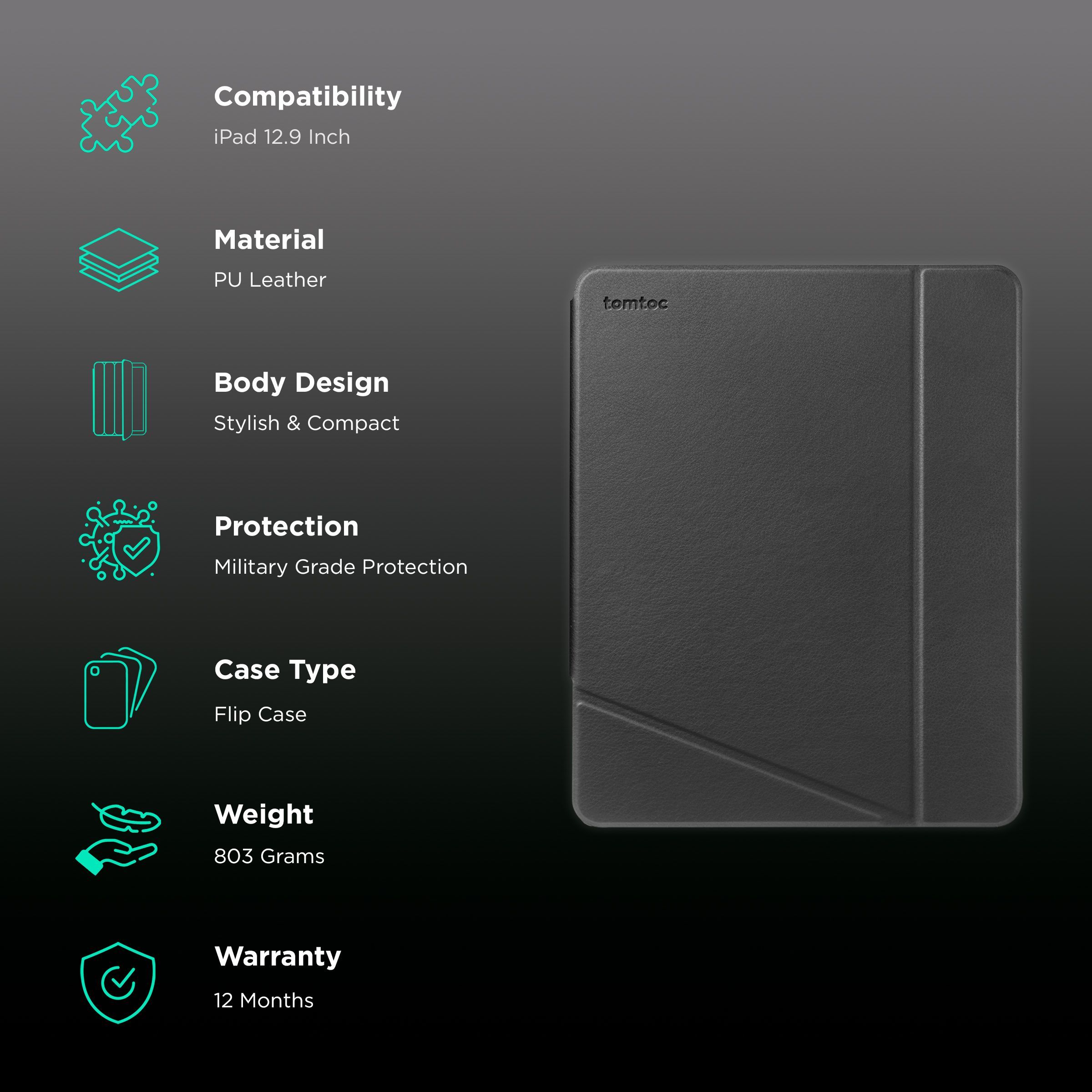 tomtoc Inspire B02 PU Leather Flip Case for Apple iPad 12.9 Inch (Military Grade Protection, Black)_2