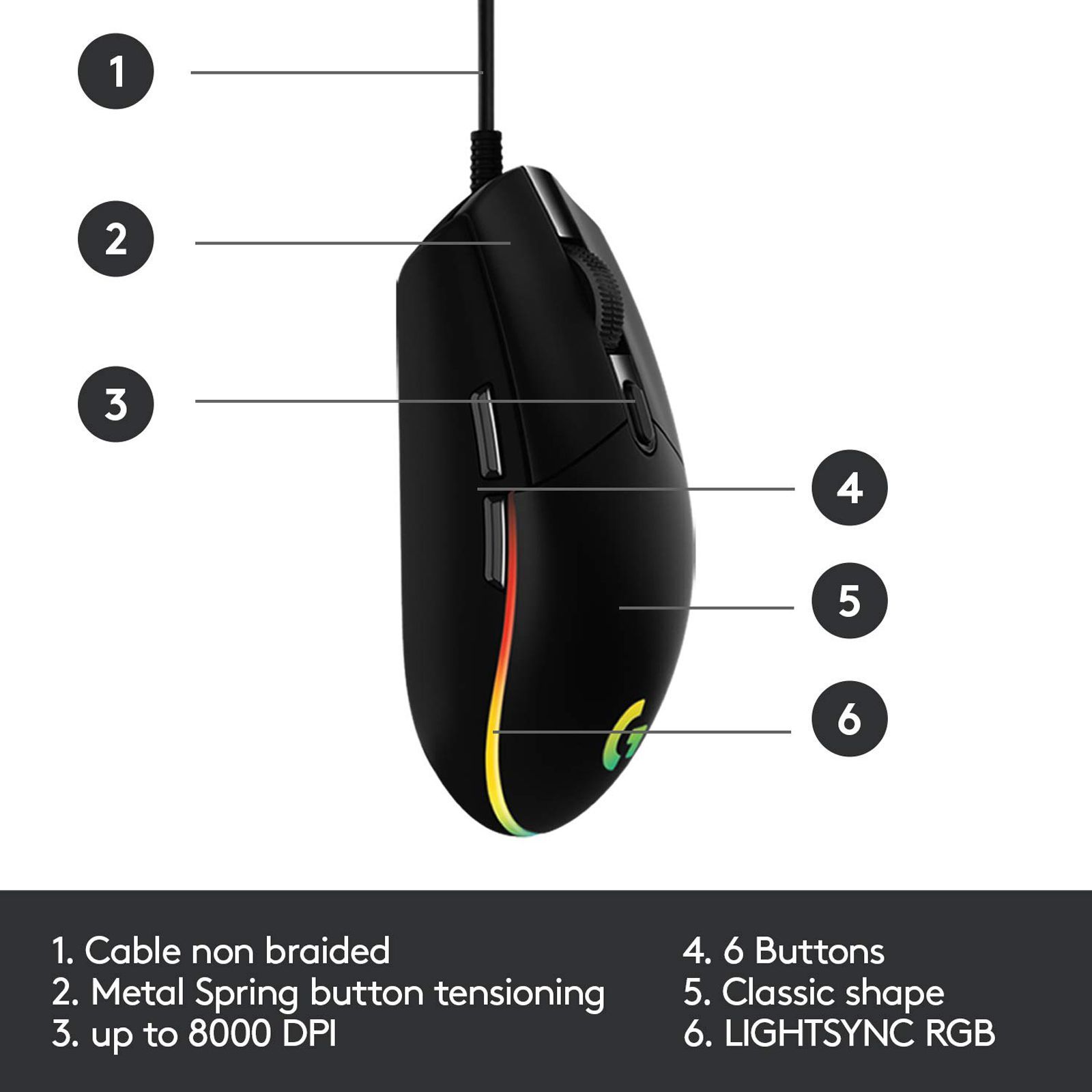 logitech G203 Wired Mouse with Customizable Buttons (8000 DPI, LED Lights, Black)_9