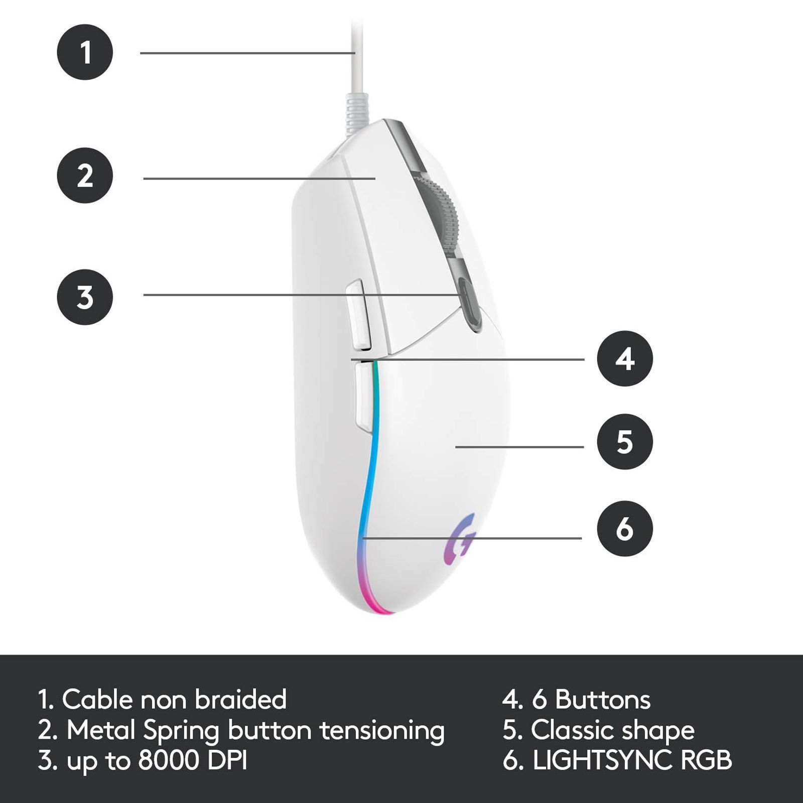 logitech G203 Wired Mouse with Customizable Buttons (8000 DPI, LED Lights, White)_5