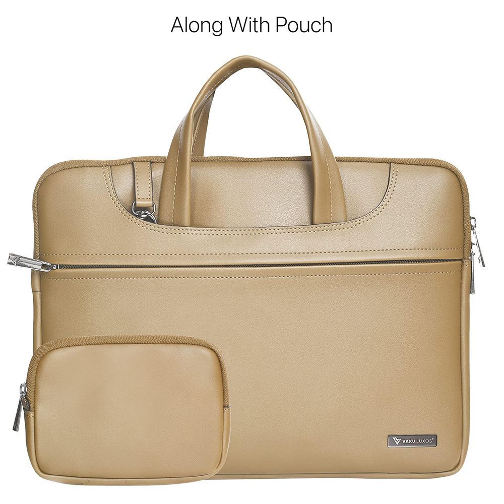 Dr. Vaku DA Italiano Polyurethane Leather, Polyester Sleeve for 14 Inch Laptop (Detachable Shoulder Strap, Tan Brown)_6