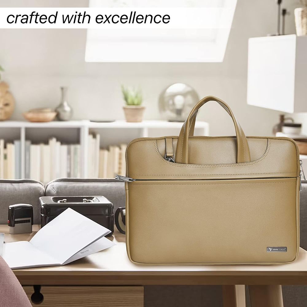 Dr. Vaku DA Italiano Polyurethane Leather, Polyester Sleeve for 14 Inch Laptop (Detachable Shoulder Strap, Tan Brown)_7