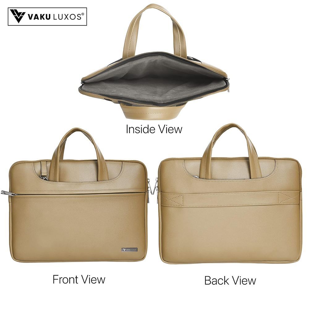 Dr. Vaku DA Italiano Polyurethane Leather, Polyester Sleeve for 14 Inch Laptop (Detachable Shoulder Strap, Tan Brown)_8