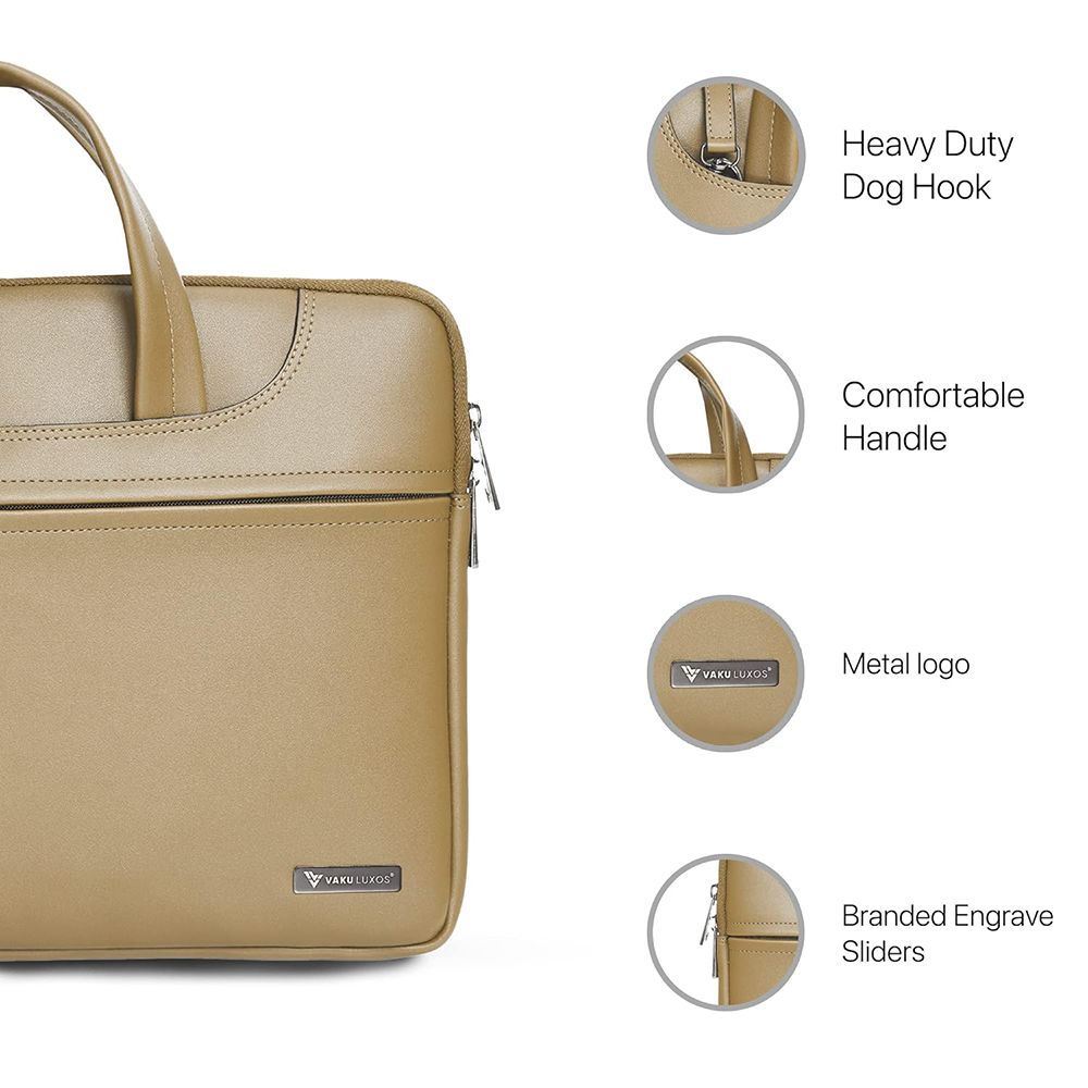 Dr. Vaku DA Italiano Polyurethane Leather, Polyester Sleeve for 14 Inch Laptop (Detachable Shoulder Strap, Tan Brown)_9