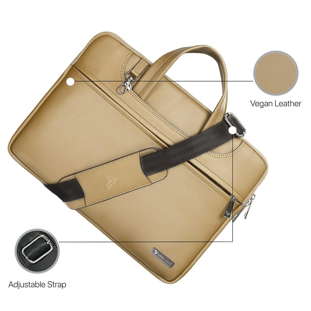 Dr. Vaku DA Italiano Polyurethane Leather, Polyester Sleeve for 14 Inch Laptop (Detachable Shoulder Strap, Tan Brown)_12
