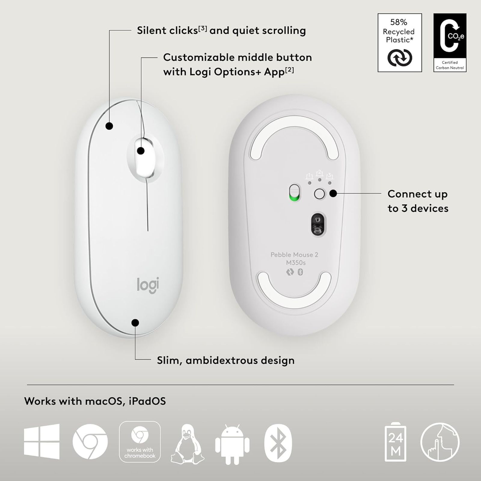 logitech Pebble Mouse 2 Wireless Optical Mouse with Silent Click Buttons (1000 DPI, Ultra Portable, Tonal White)_12
