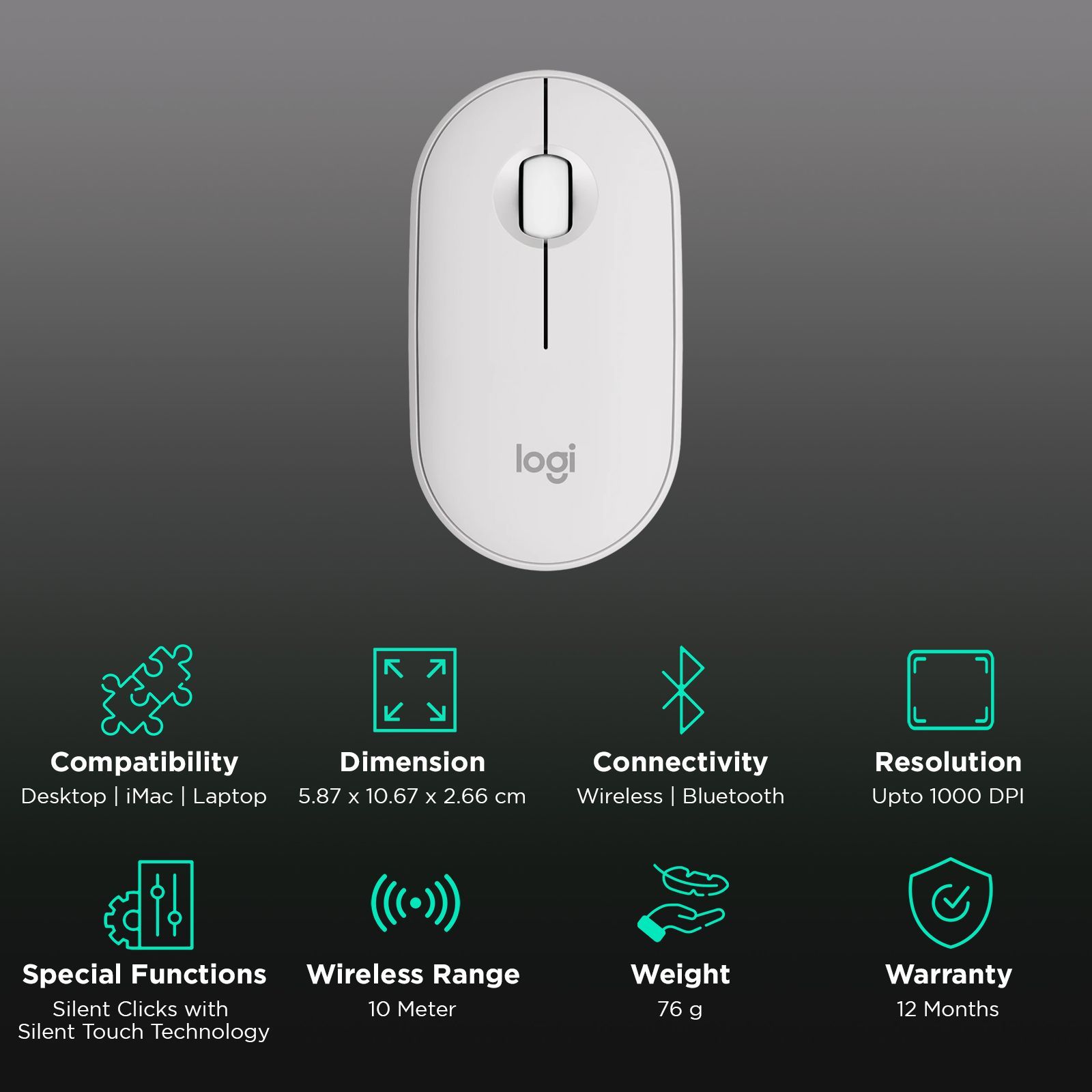 logitech Pebble Mouse 2 Wireless Optical Mouse with Silent Click Buttons (1000 DPI, Ultra Portable, Tonal White)_2