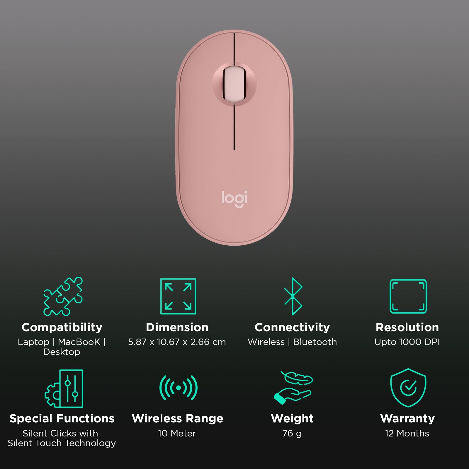 logitech Pebble Mouse 2 Wireless Optical Mouse with Silent Click Buttons (1000 DPI, Ultra Portable, Tonal Rose)_2