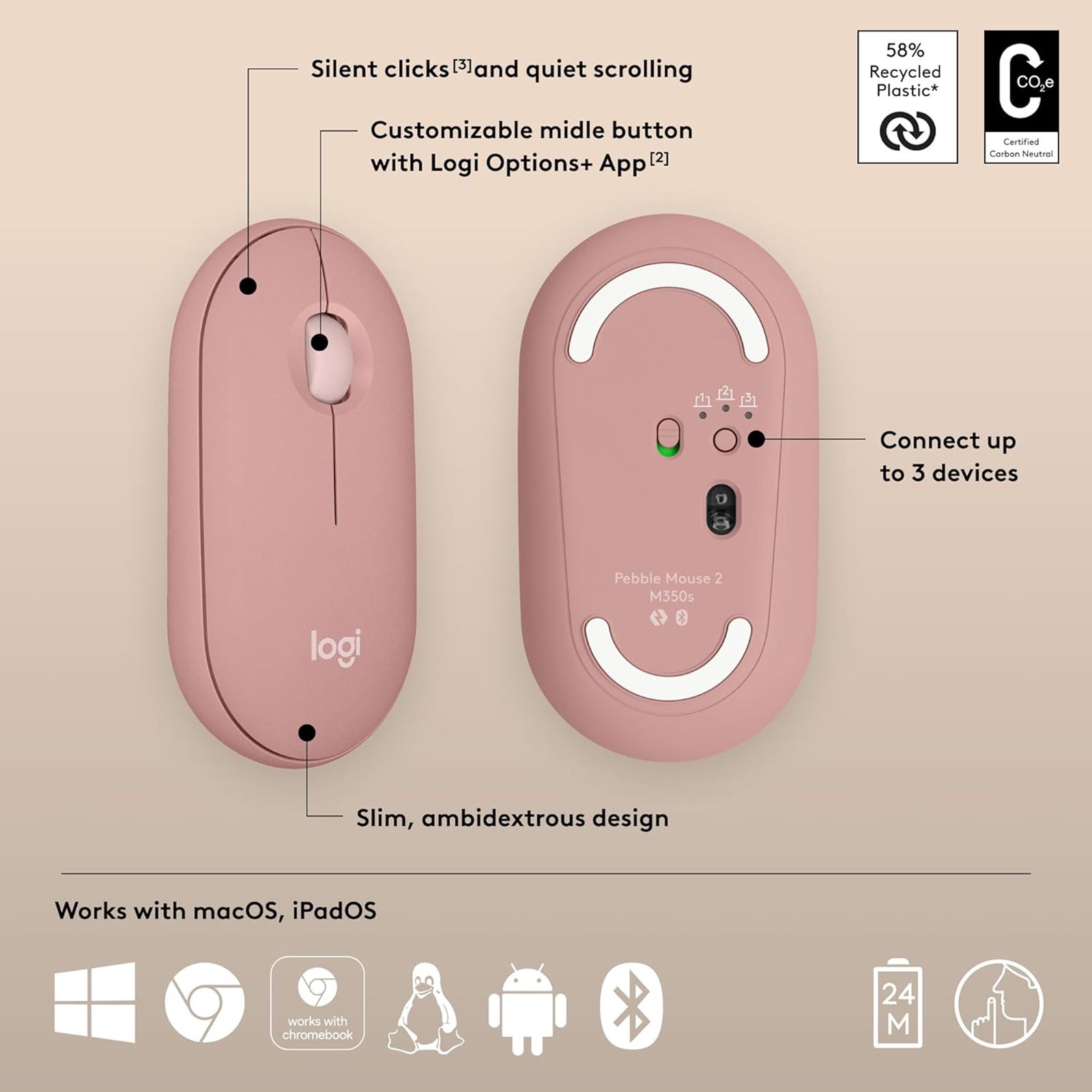 logitech Pebble Mouse 2 Wireless Optical Mouse with Silent Click Buttons (1000 DPI, Ultra Portable, Tonal Rose)_8