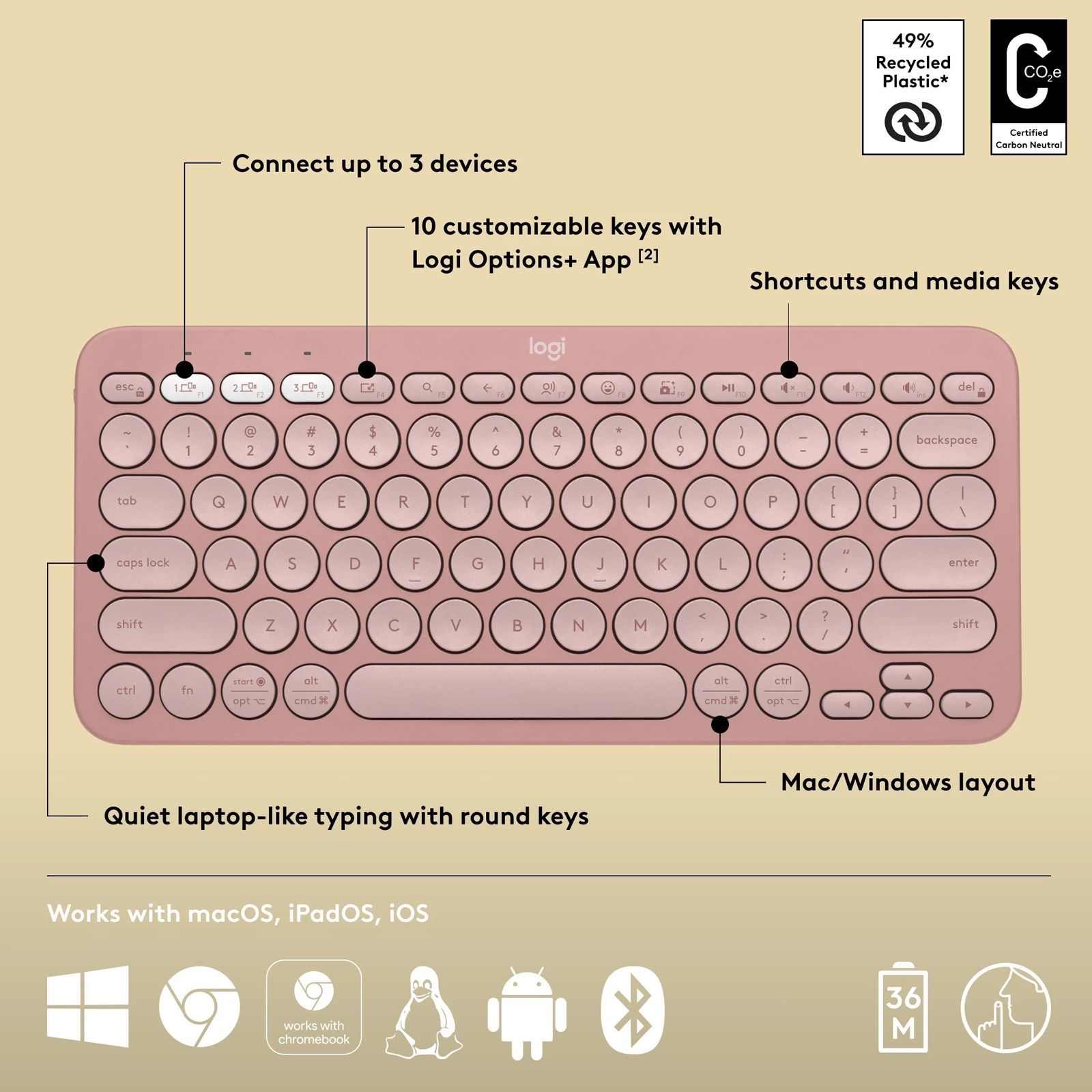 logitech Pebble Keys 2 Bluetooth Wireless Keyboard with Multi Device Pairing (10 Customizable Keys, Tonal Rose) logitech Pebble Keys 2 Bluetooth Wireless Keyboard with Multi Device Pairing (10 Customizable Keys, Tonal Rose)_6