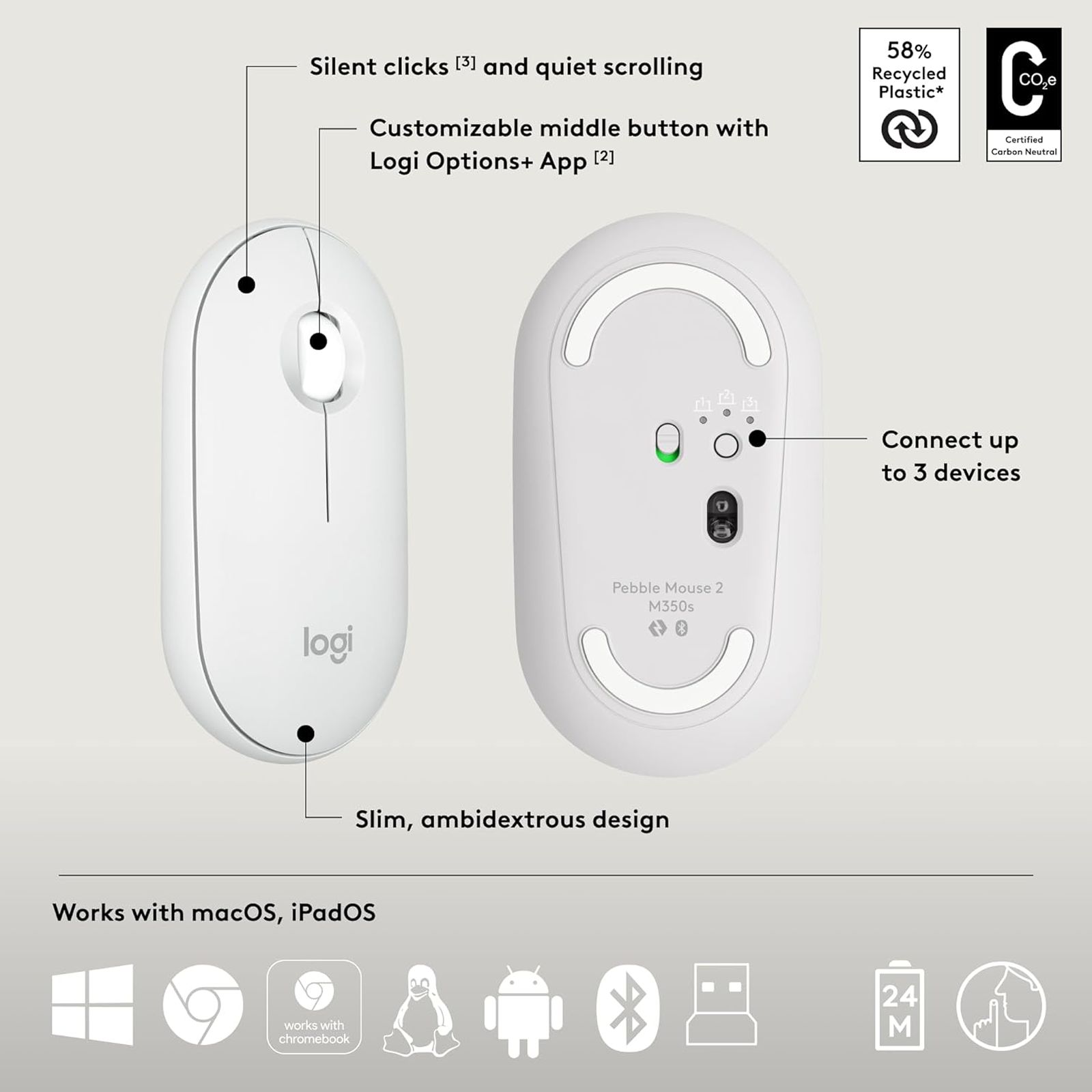 logitech Pebble 2 Wireless Keyboard and Mouse Combo (Quiet and Customizable, Tonal White)_3