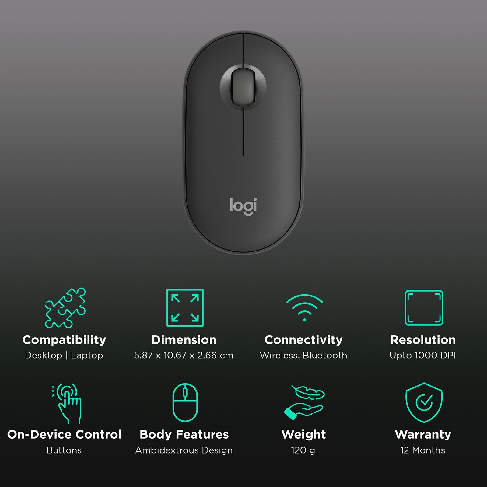 logitech Pebble Mouse 2 Wireless Optical Mouse with Silent Click Buttons (1000 DPI, Ultra Portable, Tonal Graphite)_2
