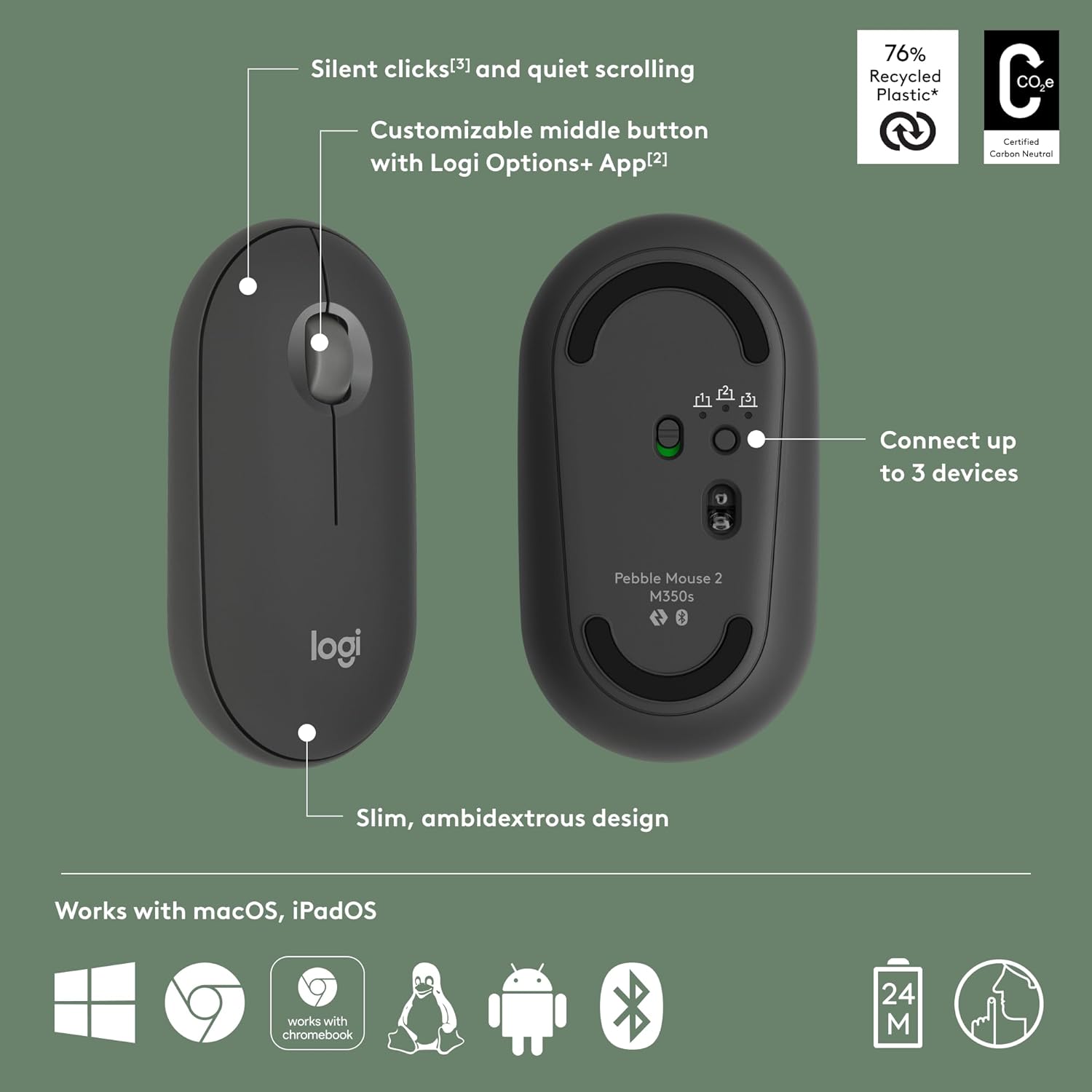 logitech Pebble Mouse 2 Wireless Optical Mouse with Silent Click Buttons (1000 DPI, Ultra Portable, Tonal Graphite)_8