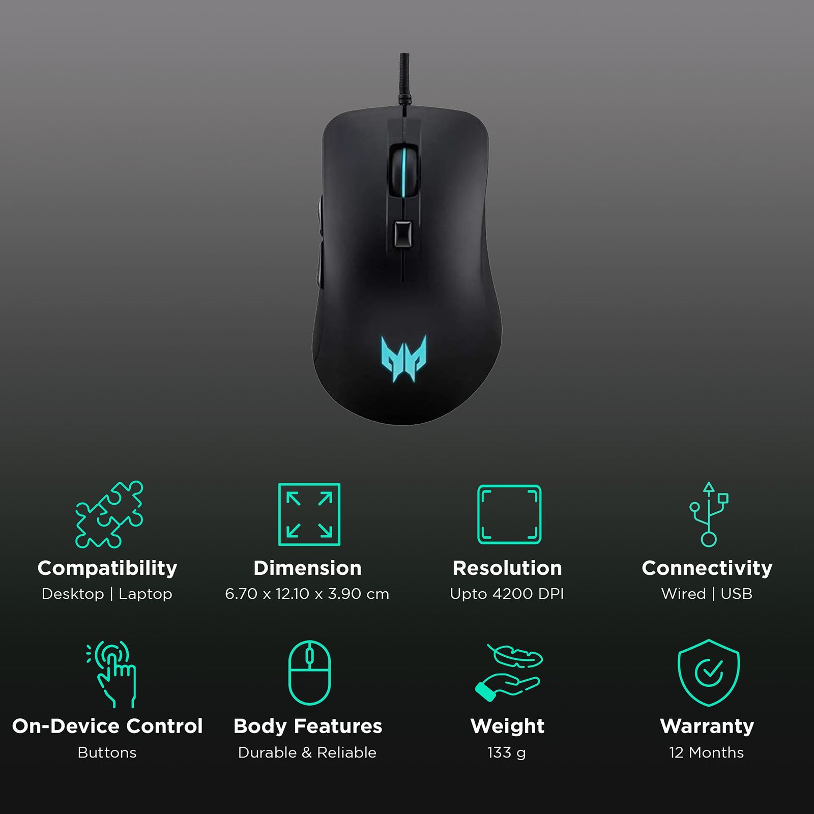 acer Predator Cestus 310 Wired Optical Mouse with 4 Preset Color Settings (4200 DPI, 10 Million Clicks, Black) acer Predator Cestus 310 Wired Optical Mouse with 4 Preset Color Settings (4200 DPI, 10 Million Clicks, Black)_2