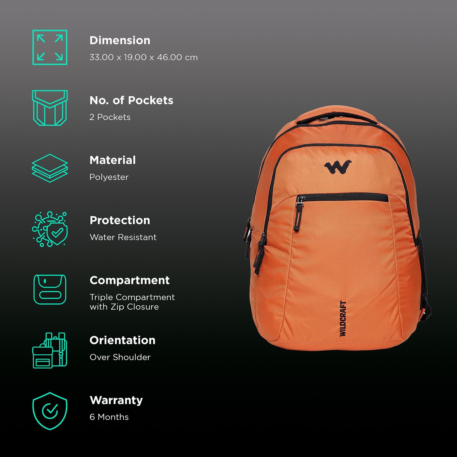 WILDCRAFT Boost 2 23 Litres Polyester Backpack (Padded Shoulder Strap, 12035, Orange)_2