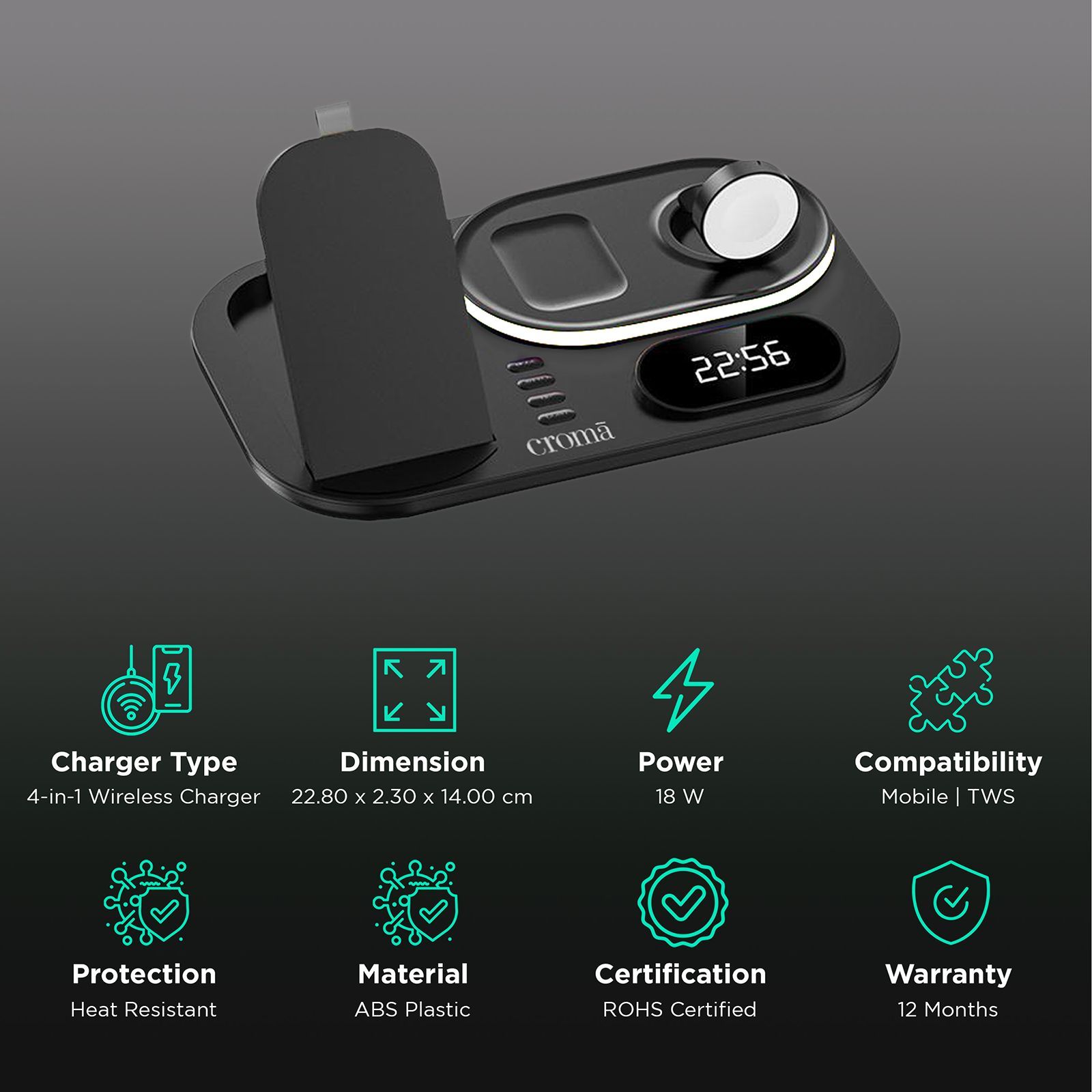 Croma 15W 4-in-1 Wireless Charger for iPhone 14, 14 Pro, 15, 15 Pro (Heat Resistant, Black) Croma 15W 4-in-1 Wireless Charger for iPhone 14, 14 Pro, 15, 15 Pro (Heat Resistant, Black)_2