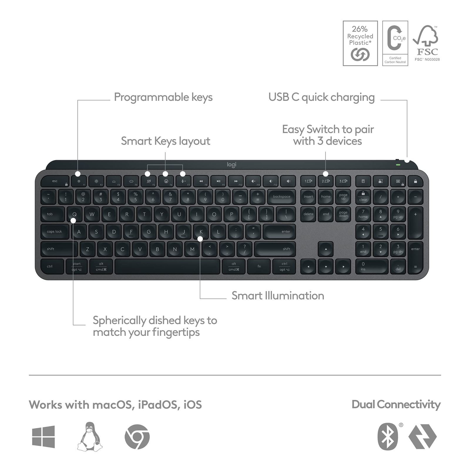 logitech MX KEYS S Rechargeable Bluetooth Wireless Keyboard with Backlit Keys (Automate Repetitive Tasks, Graphite) logitech MX KEYS S Rechargeable Bluetooth Wireless Keyboard with Backlit Keys (Automate Repetitive Tasks, Graphite)_10