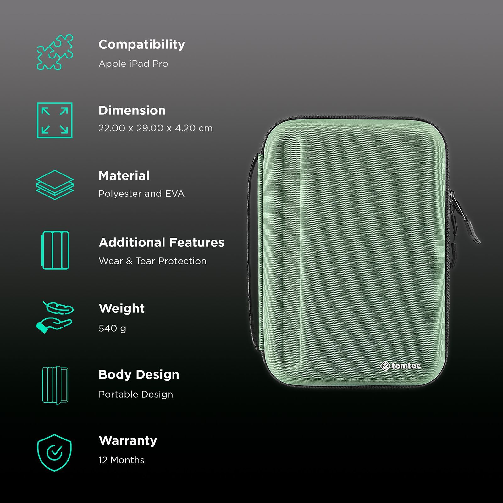 tomtoc B06 Polyester and EVA Case for Apple iPad Pro 11 Inch (Zip Enclosure, Cactus Green)_2