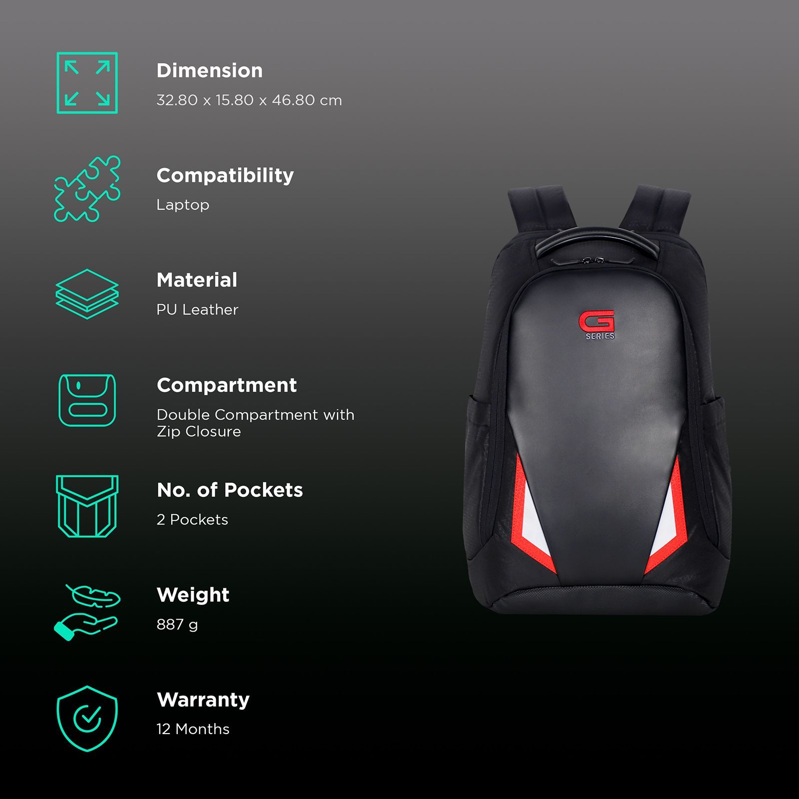 DELL G Series PU Leather Laptop Backpack for 17 Inch Laptop (25 L, Hanging Headphone Loop, Black & Red)_2