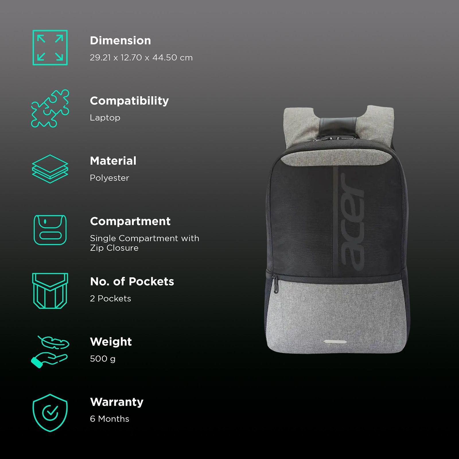 acer Lite Polyester Laptop Backpack for 15.6 Inch Laptop (16 L, Comfort & Ergonomic Support, Black & Melange Grey)_2