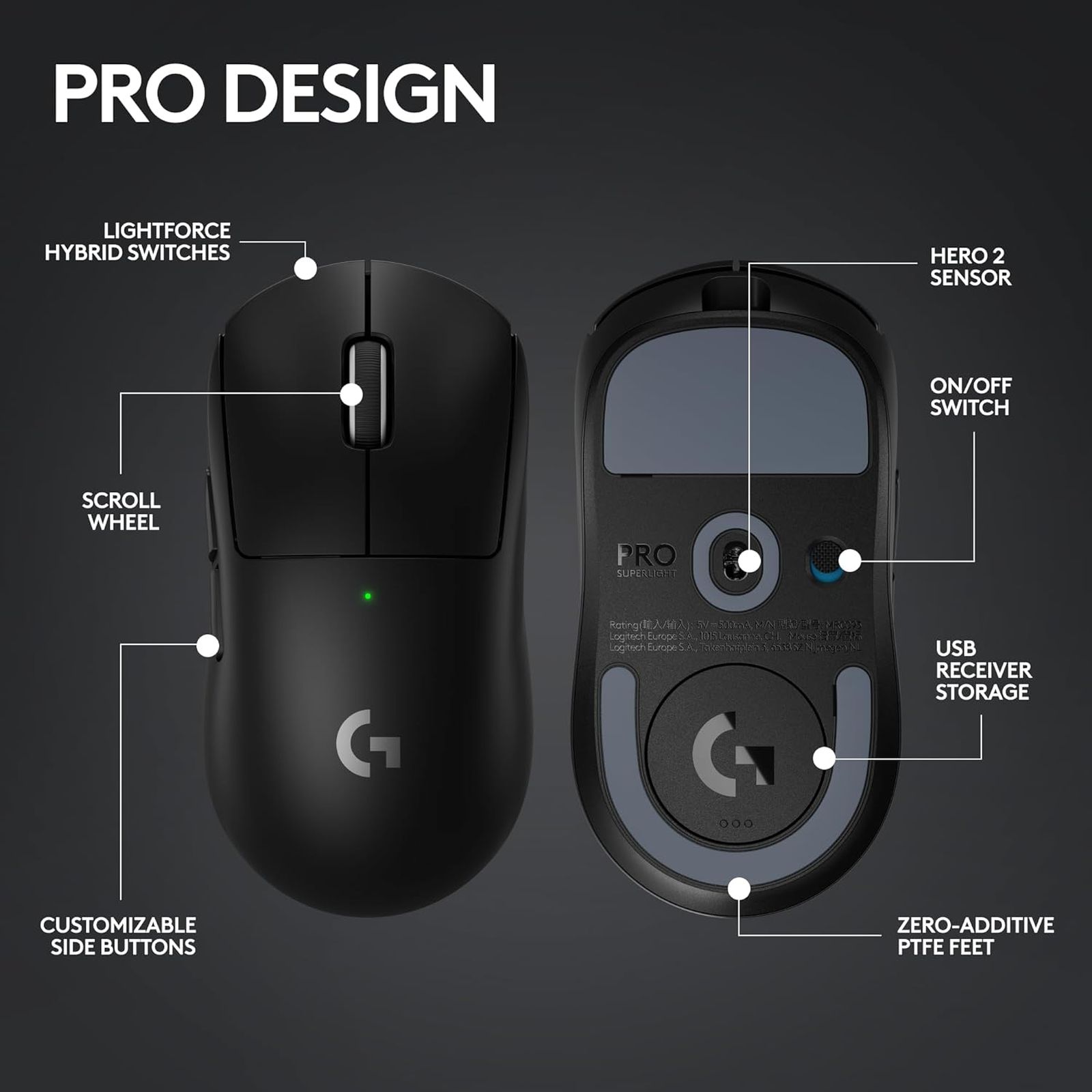 logitech Pro X Superlight 2 Rechargeable Wireless Optical Gaming Mouse with Lightforce Hybrid Switches (32000 DPI Adjustable, No Additive PTFE Feet, Black)_13