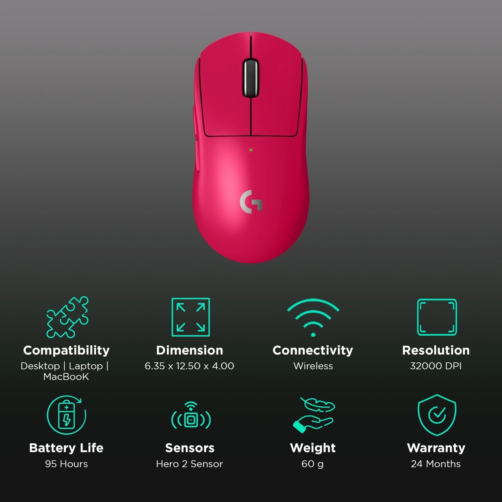 logitech Pro X Superlight 2 Rechargeable Wireless Optical Gaming Mouse with Lightforce Hybrid Switches (32000 DPI Adjustable, No Additive PTFE Feet, Pink)_2