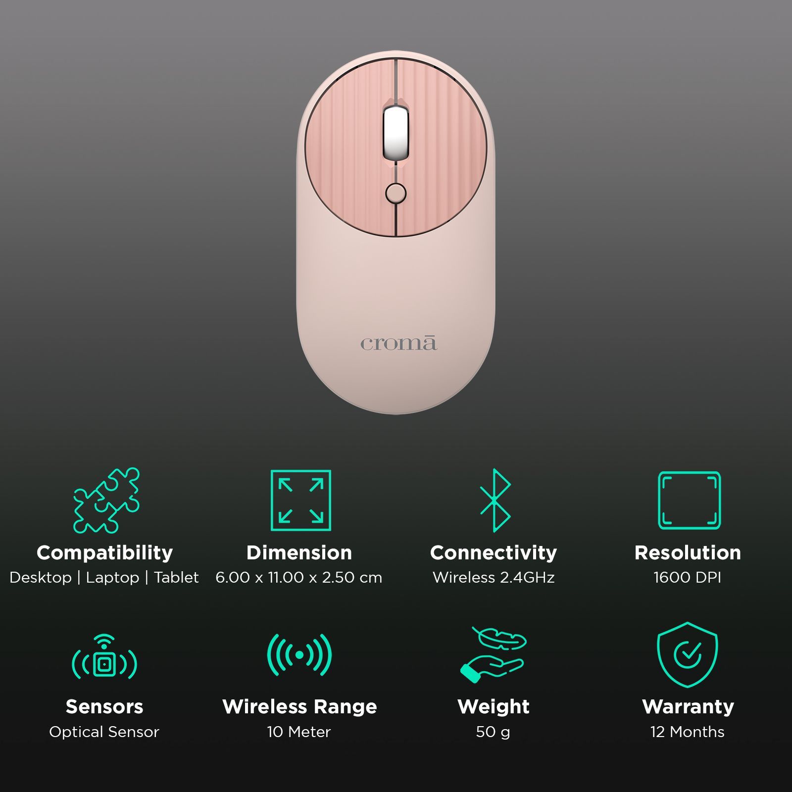 Croma 2.4 GHz Wireless Optical Mouse with Power Saving Feature (1600 DPI Adjustable, Ambidextrous Design, Pink) Croma 2.4 GHz Wireless Optical Mouse with Power Saving Feature (1600 DPI Adjustable, Ambidextrous Design, Pink)_2
