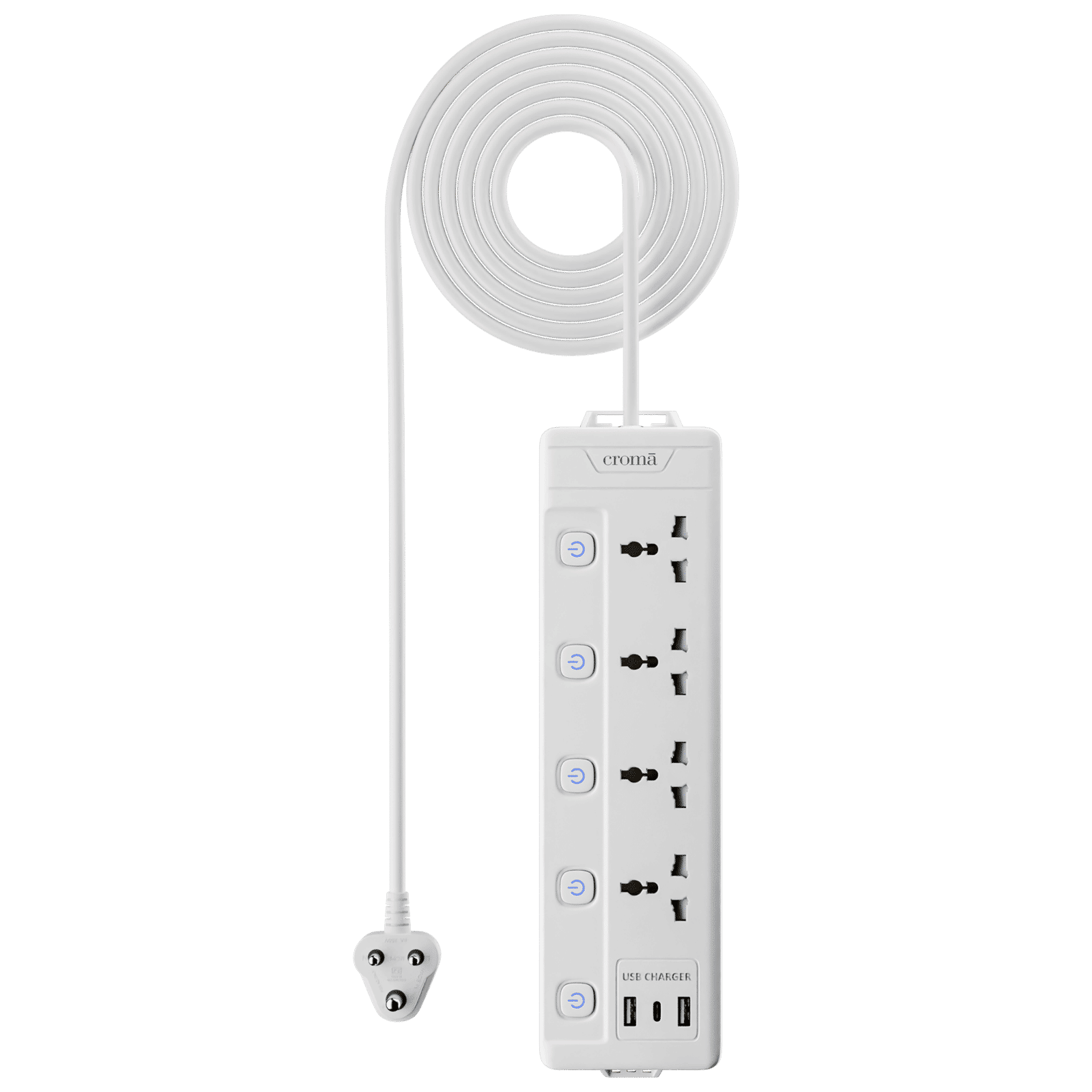 Croma 6 Amps 4 Sockets Surge Protector with Individual Switch (2 Meters, Child Safety Shutters, CRSP4WYSPA266202, White) Croma 6 Amps 4 Sockets Surge Protector with Individual Switch (2 Meters, Child Safety Shutters, CRSP4WYSPA266202, White)_1