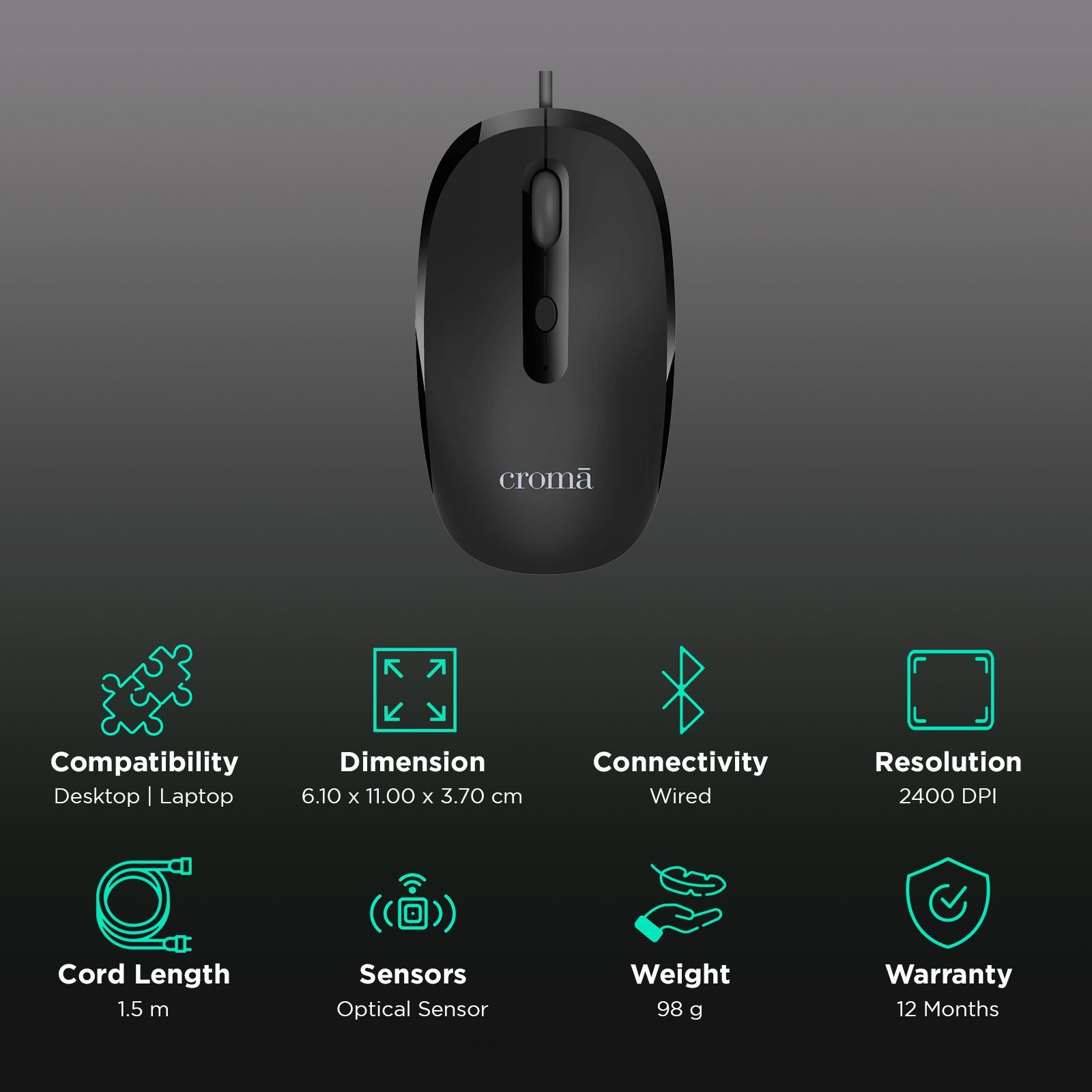 Croma Wired Optical Mouse with 4 Buttons (2400 DPI Adjustable, Ambidextrous Design, Black)_2