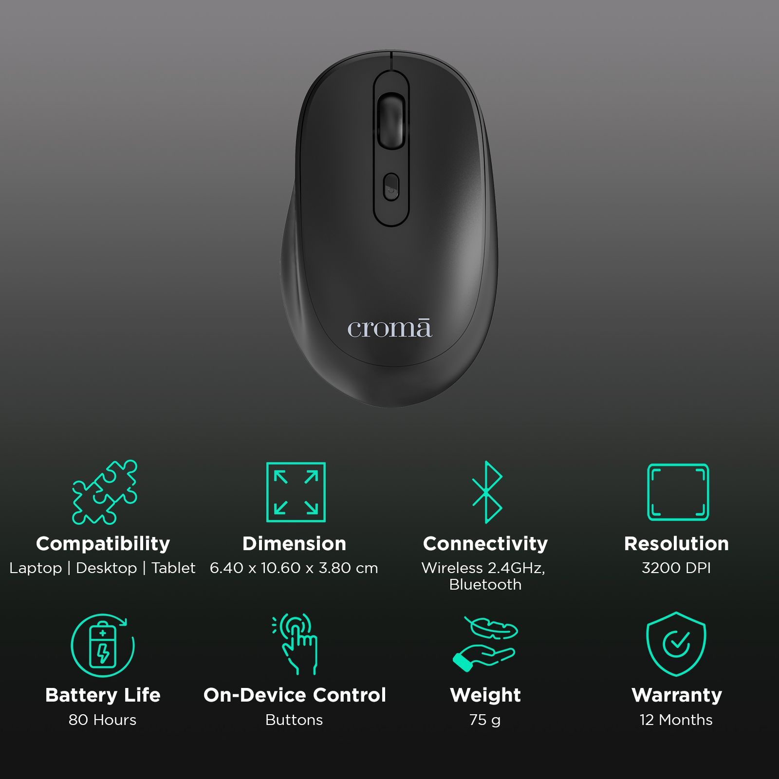 Croma Rechargeable Wireless Mouse with 4 Buttons (3200 DPI Adjustable, 80 Hours Battery Life, Black)_2