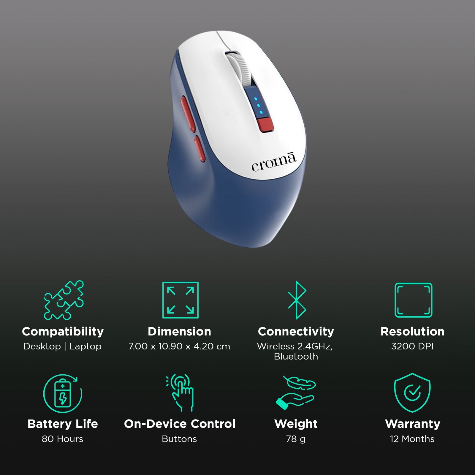 Croma Rechargeable Wireless Gaming Mouse with 6 Buttons (3200 DPI Adjustable, 80 Hours Battery Life, White)_2