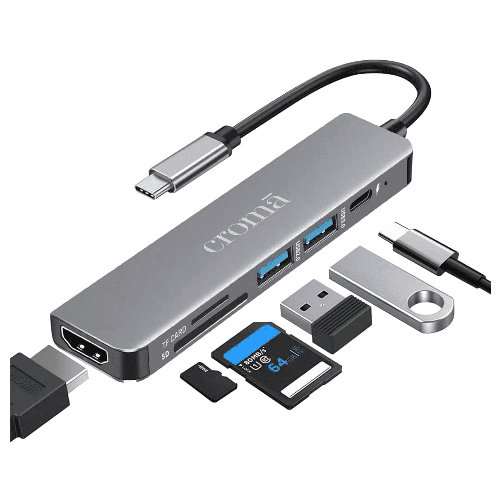 Croma 6-in-1 USB 3.0 Type C to HDMI, USB Type A 3.0, USB Type C, TF Card & SD Card Slot Multi Utility Hub (Supports Fast Charging, Grey)_5