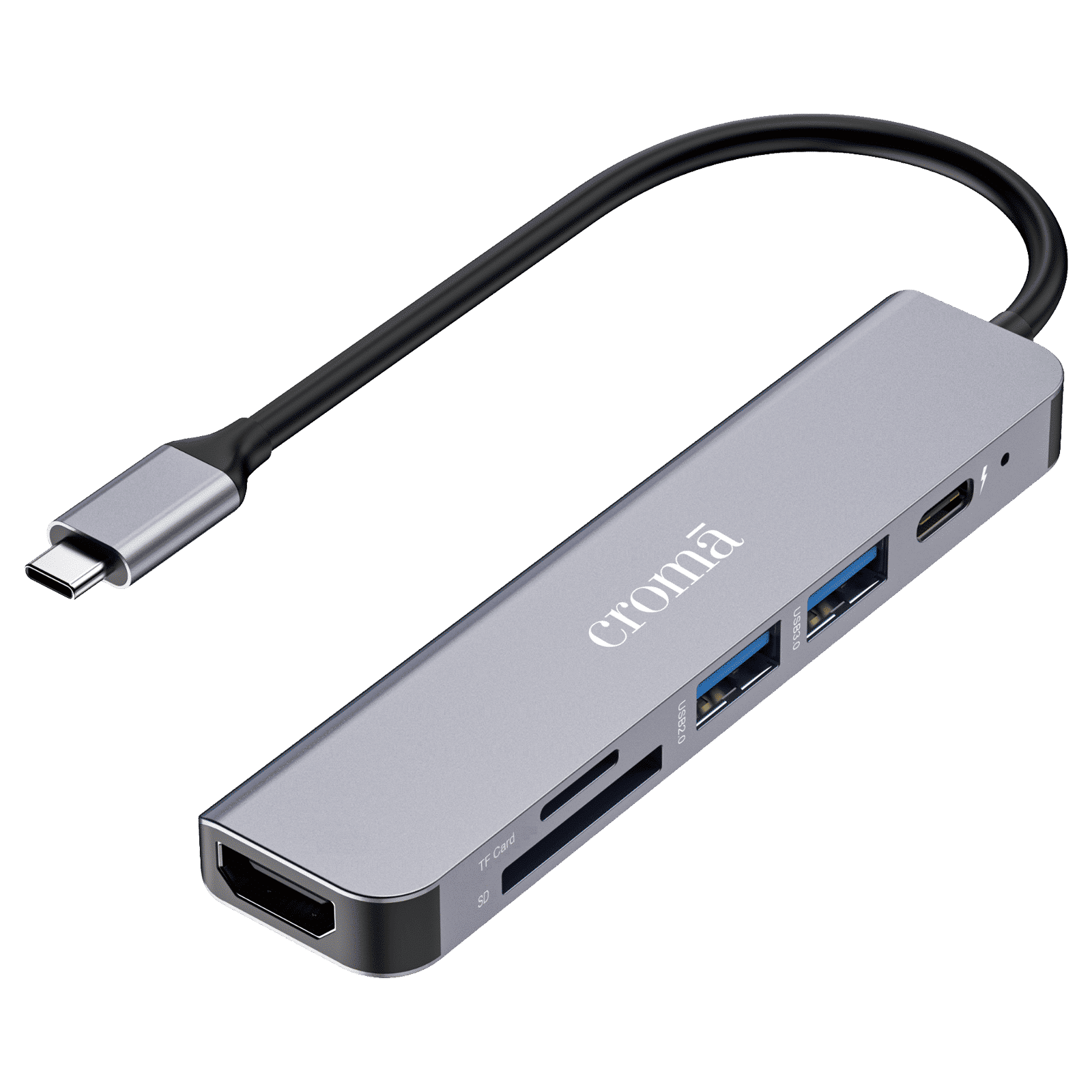 Croma 6-in-1 USB 3.0 Type C to HDMI, USB Type A 3.0, USB Type C, TF Card & SD Card Slot Multi Utility Hub (Supports Fast Charging, Grey)_1