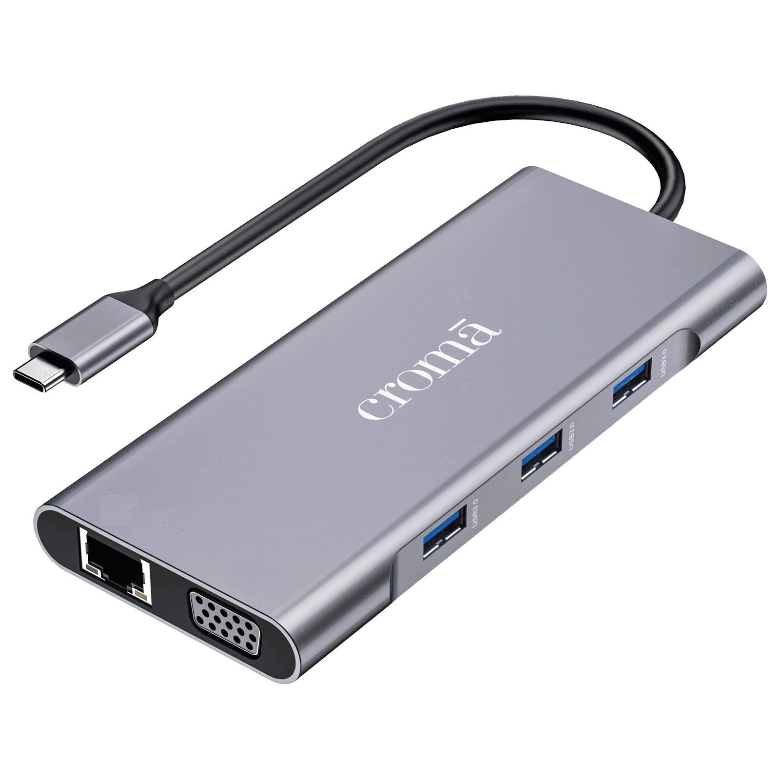 Croma 10-in-1 USB 3.0 Type C to USB-A 3.0, HDMI, VGA, SD, TF card, USB Type-C PD Port, Ethernet, 3.5mm Audio Jack Multi Utility Hub (Supports Fast Charging, Grey)_1