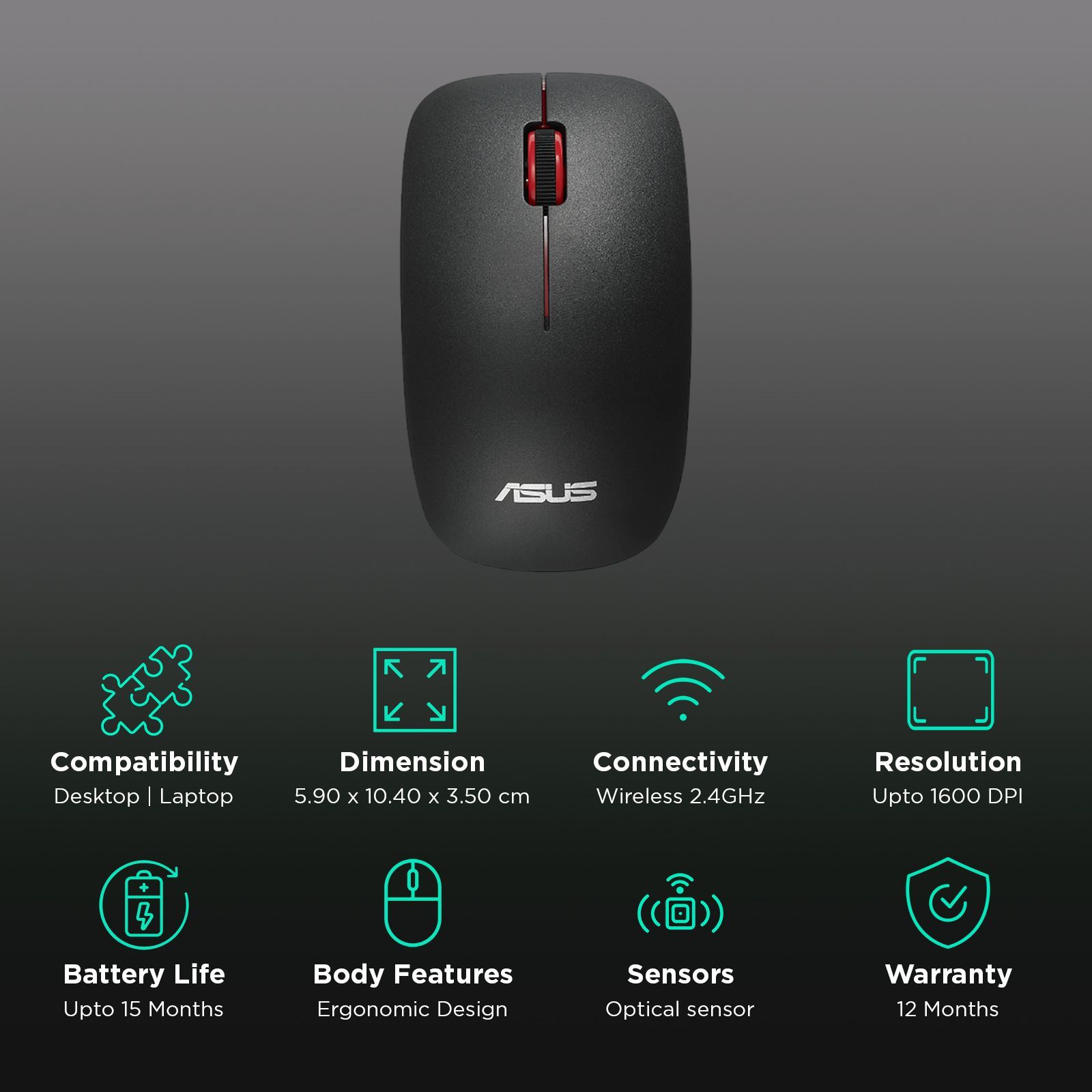 ASUS WT300 Wireless Mouse with 2.4GHz Nano Dongle (1000 to 1600 DPI Adjustable, Optical Sensor, Matte Black)_2