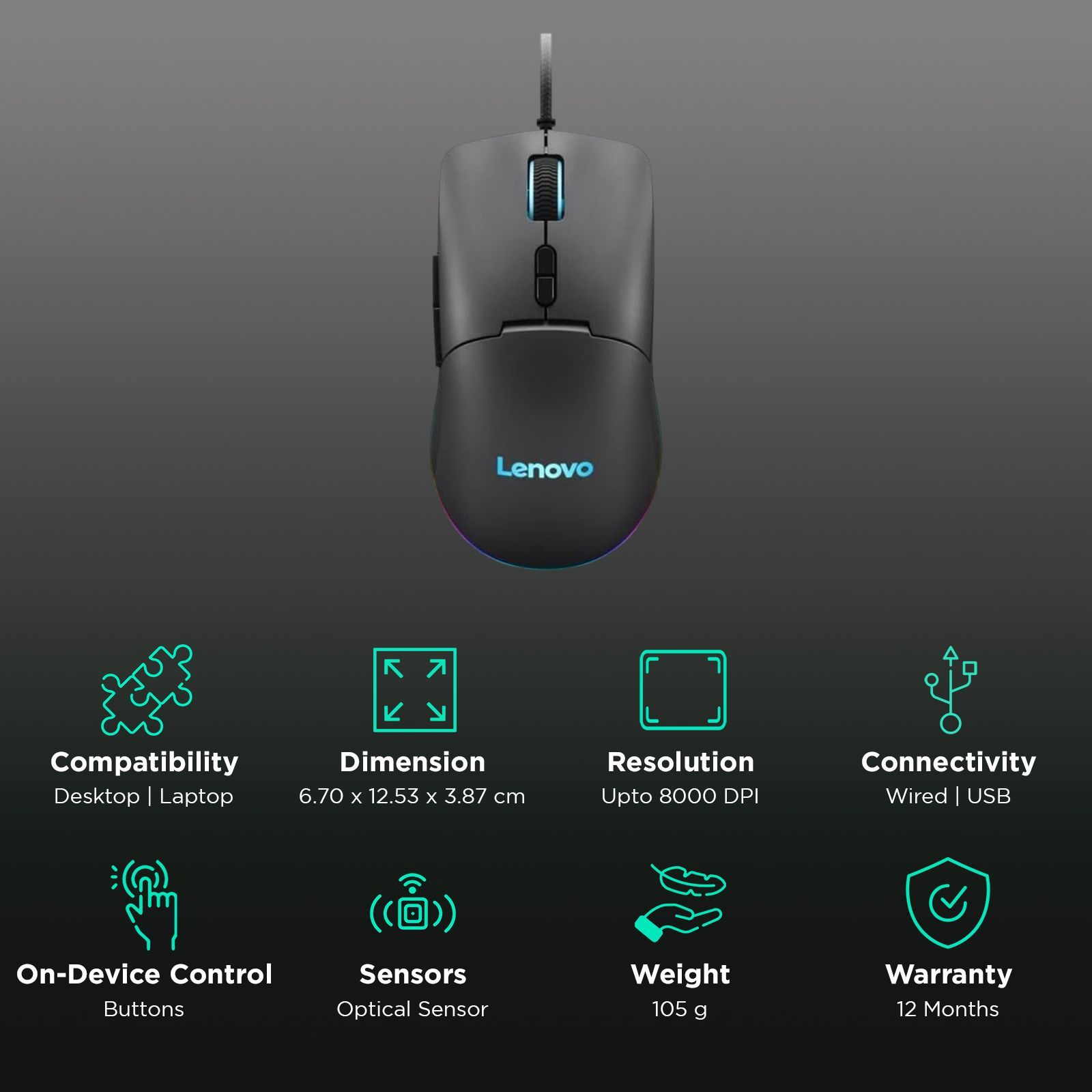 Lenovo M210 Wired RGB Gaming Mouse with 3 Zone RGB Lighting (8000 DPI Adjustable, 4 Levels DPI Switch, Black)_2