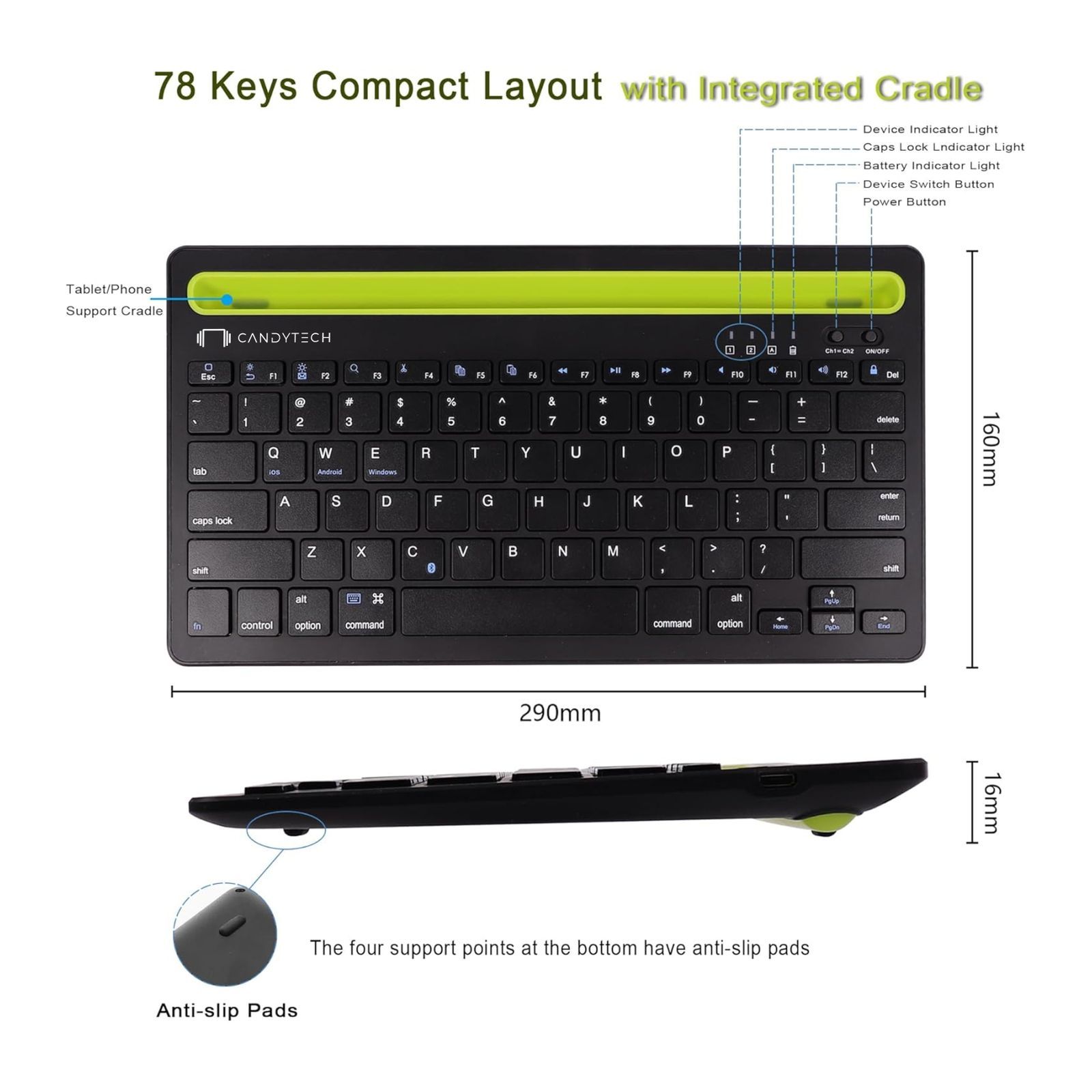 Candytech Hydra Pad Bluetooth Keyboard for Tablets with Type C Charging (Compact Size, Black)_9