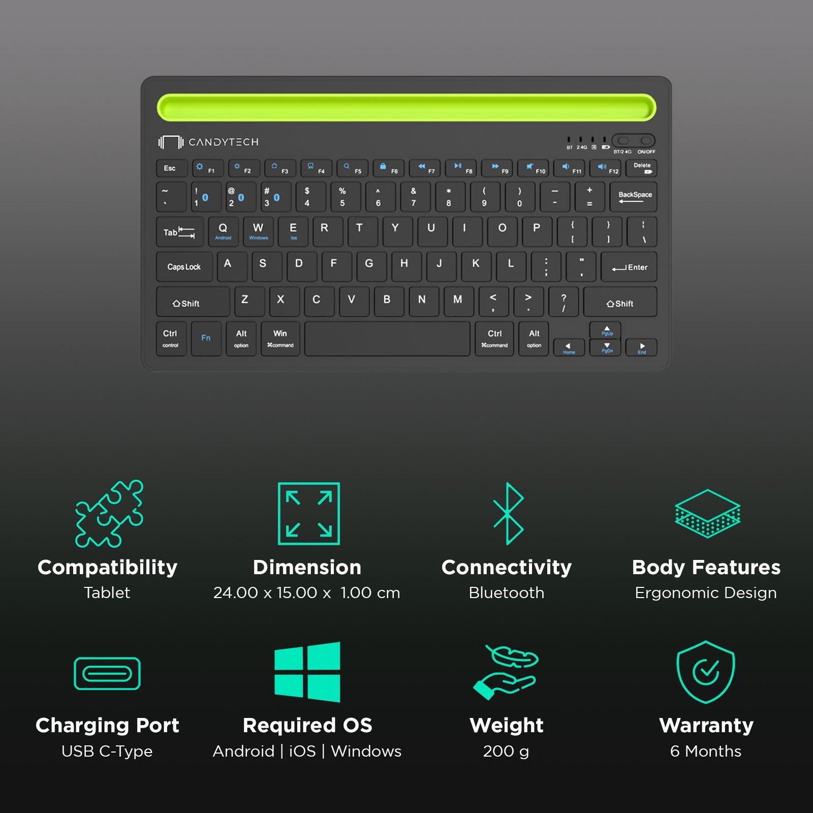 Candytech Hydra Pad Bluetooth Keyboard for Tablets with Type C Charging (Compact Size, Black)_2