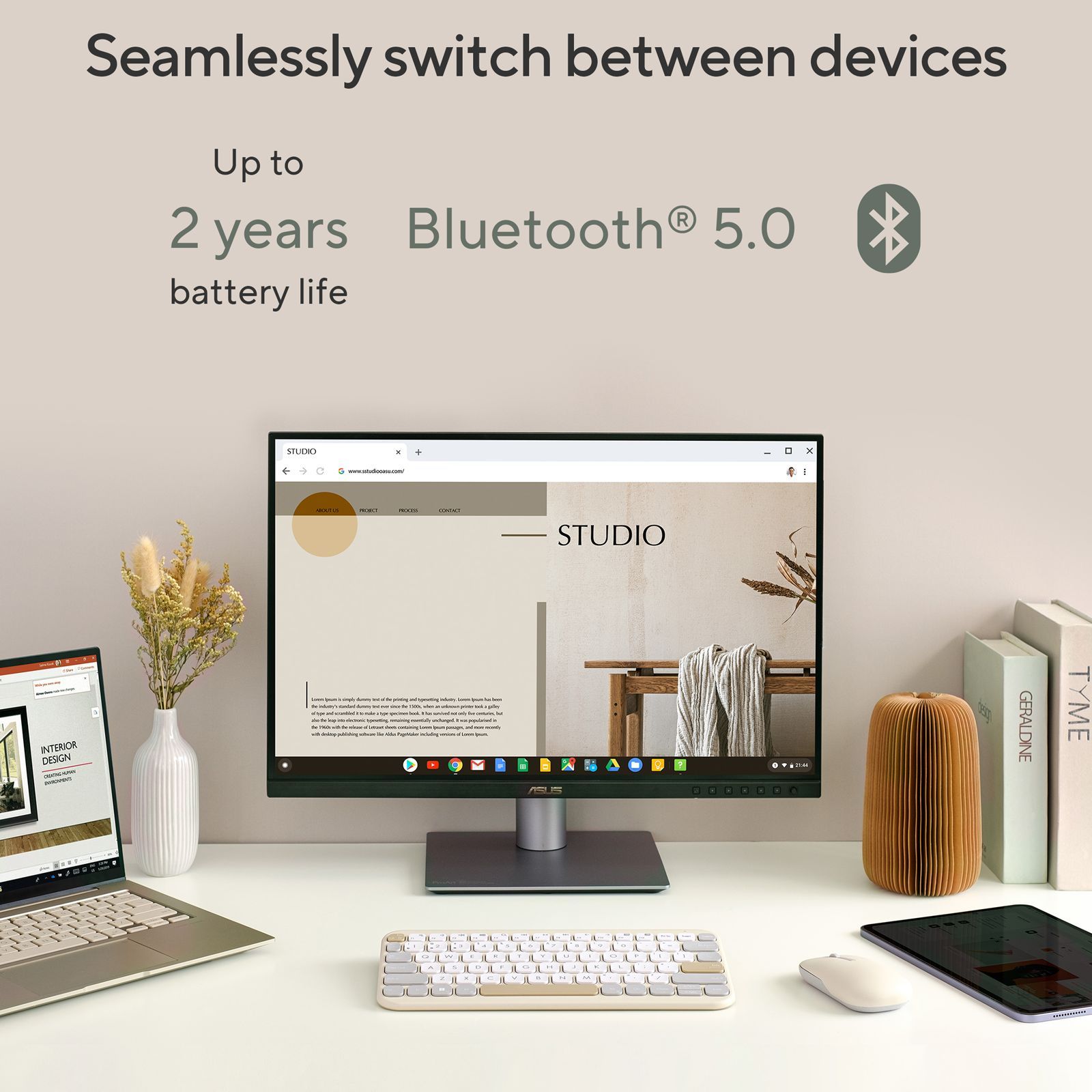 ASUS Marshmallow KW100-OM Bluetooth 5.0 Wireless Keyboard with Up to 3 Devices Connectivity (1.6mm Travel Distance, Oat Milk)_10