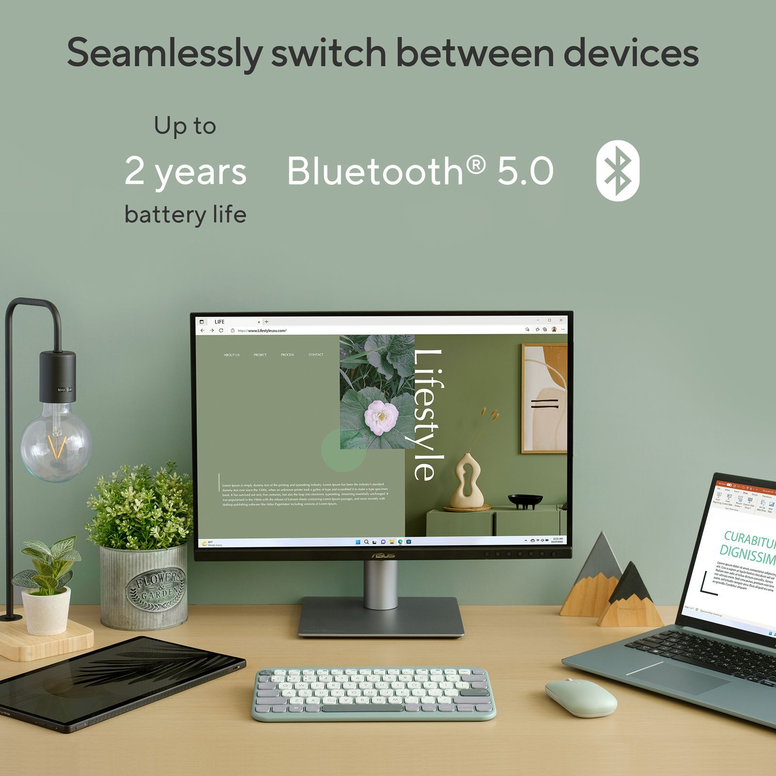 ASUS Marshmallow KW100-GTL Bluetooth 5.0 Wireless Keyboard with Up to 3 Devices Connectivity (1.6mm Travel Distance, Green Tea Latte)_10