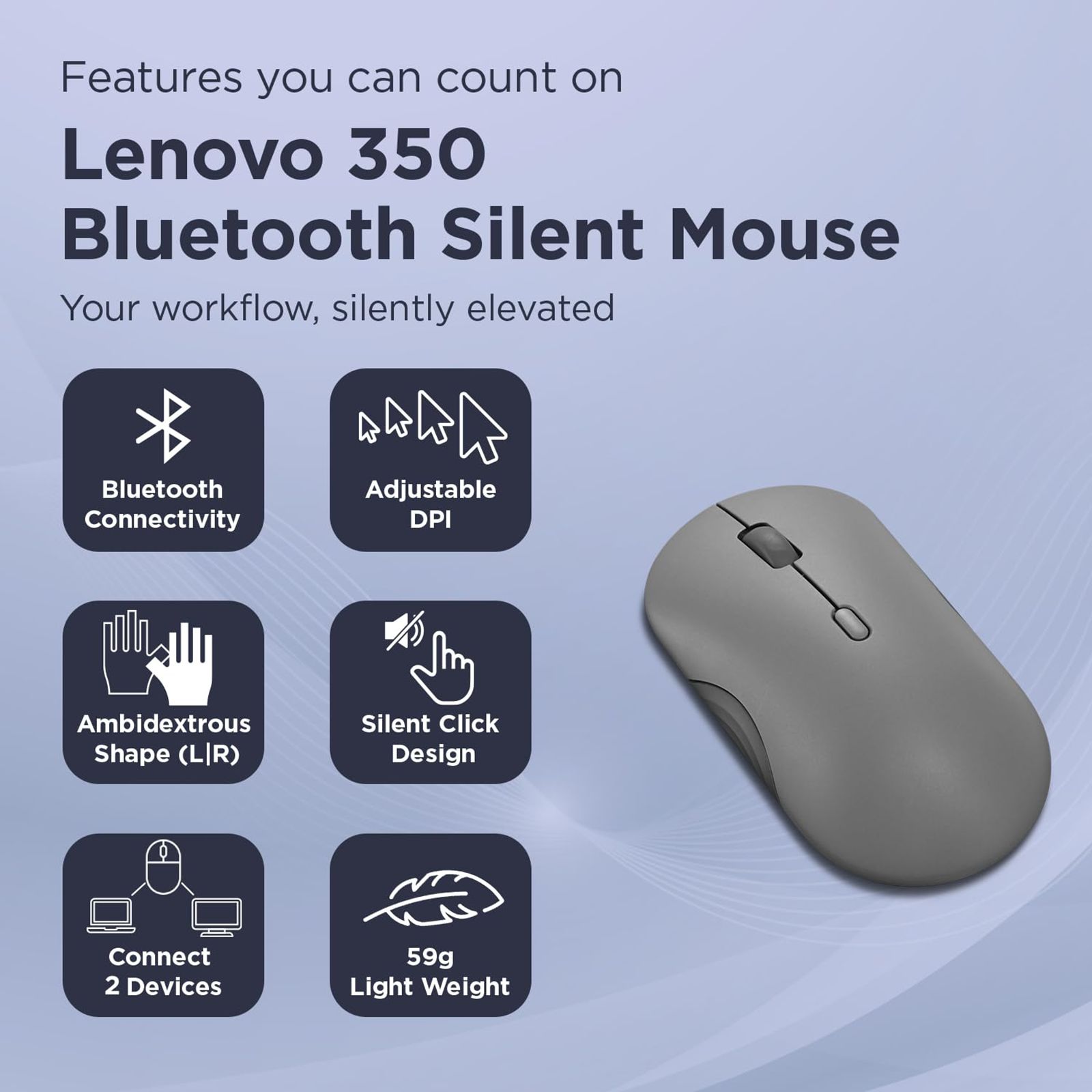 Lenovo 350 Silent Bluetooth 5.3 Wireless Optical Performance Mouse with Customizable Buttons (2400 DPI Adjustable, Full-size Ambidextrous Ergonomic, Luna Grey)_9