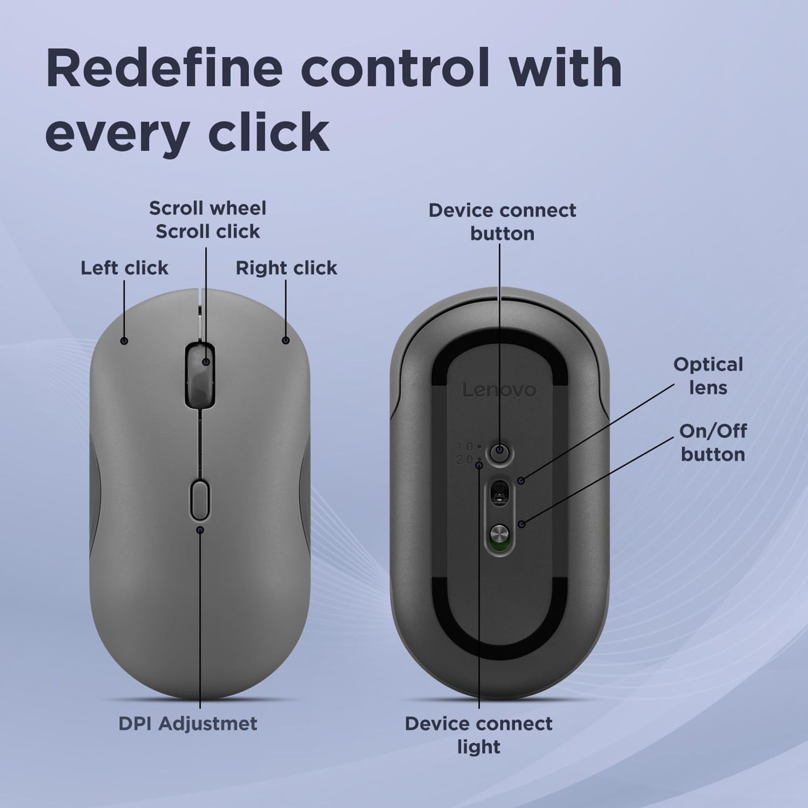 Lenovo 350 Silent Bluetooth 5.3 Wireless Optical Performance Mouse with Customizable Buttons (2400 DPI Adjustable, Full-size Ambidextrous Ergonomic, Luna Grey)_11